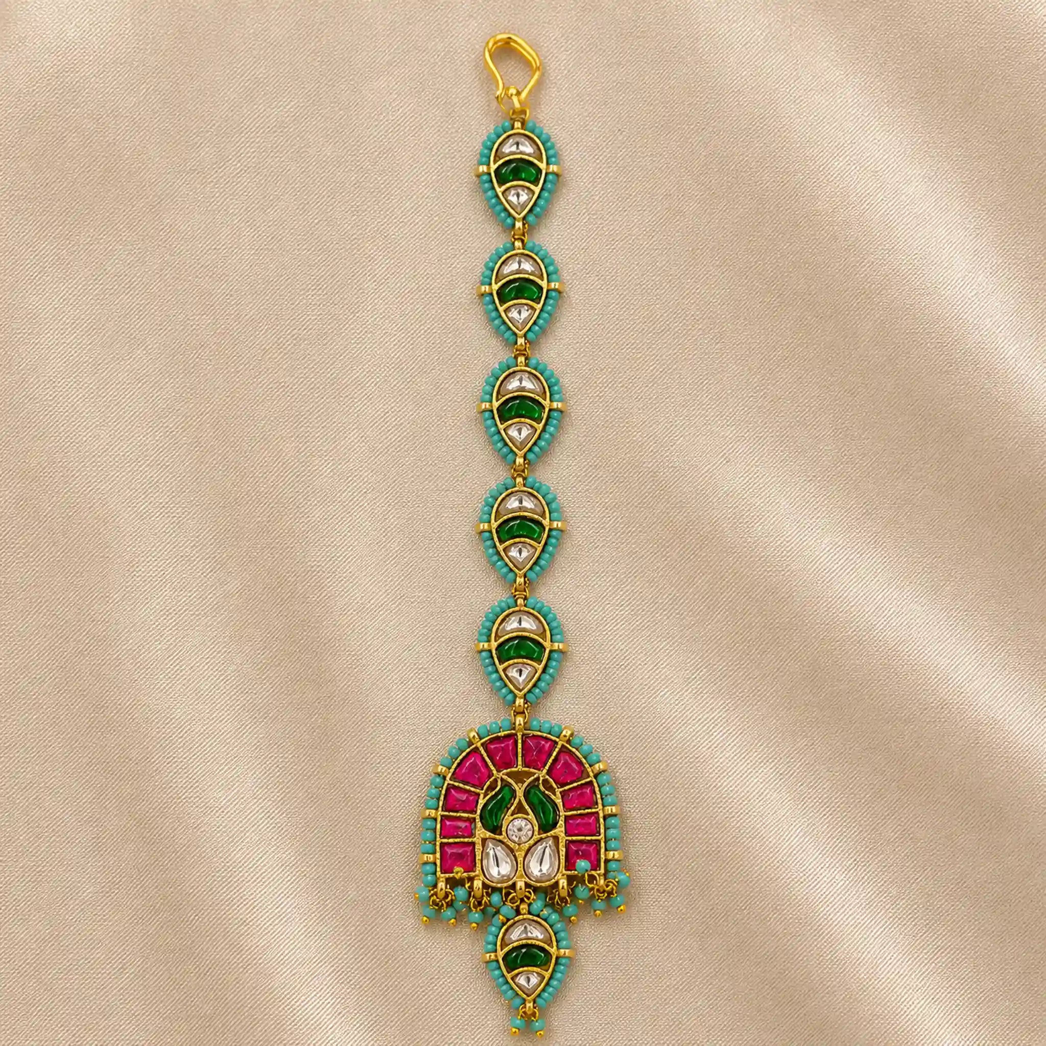 Multicolor Gold Plated Jadau Kundan MaangTeeka -PJMT006