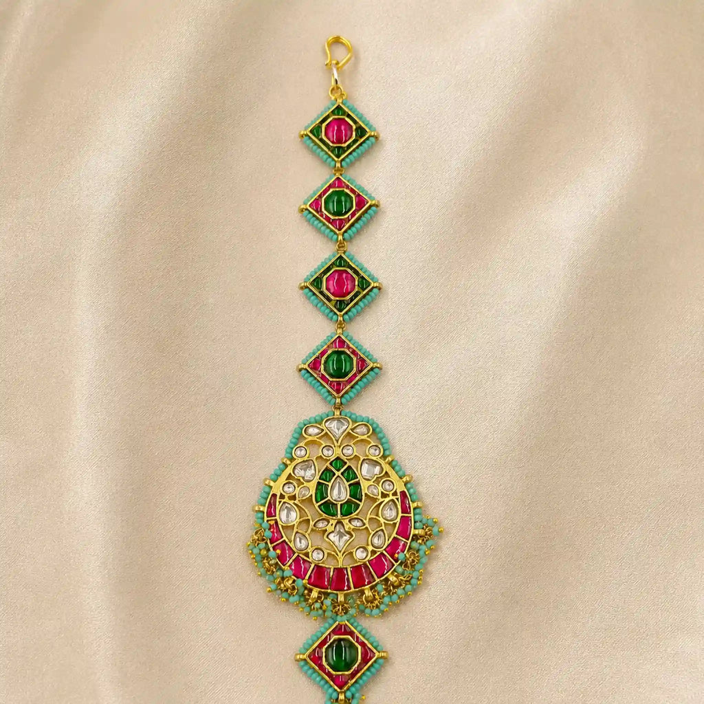 Multicolor Gold Plated Jadau Kundan MaangTeeka - PJMT007