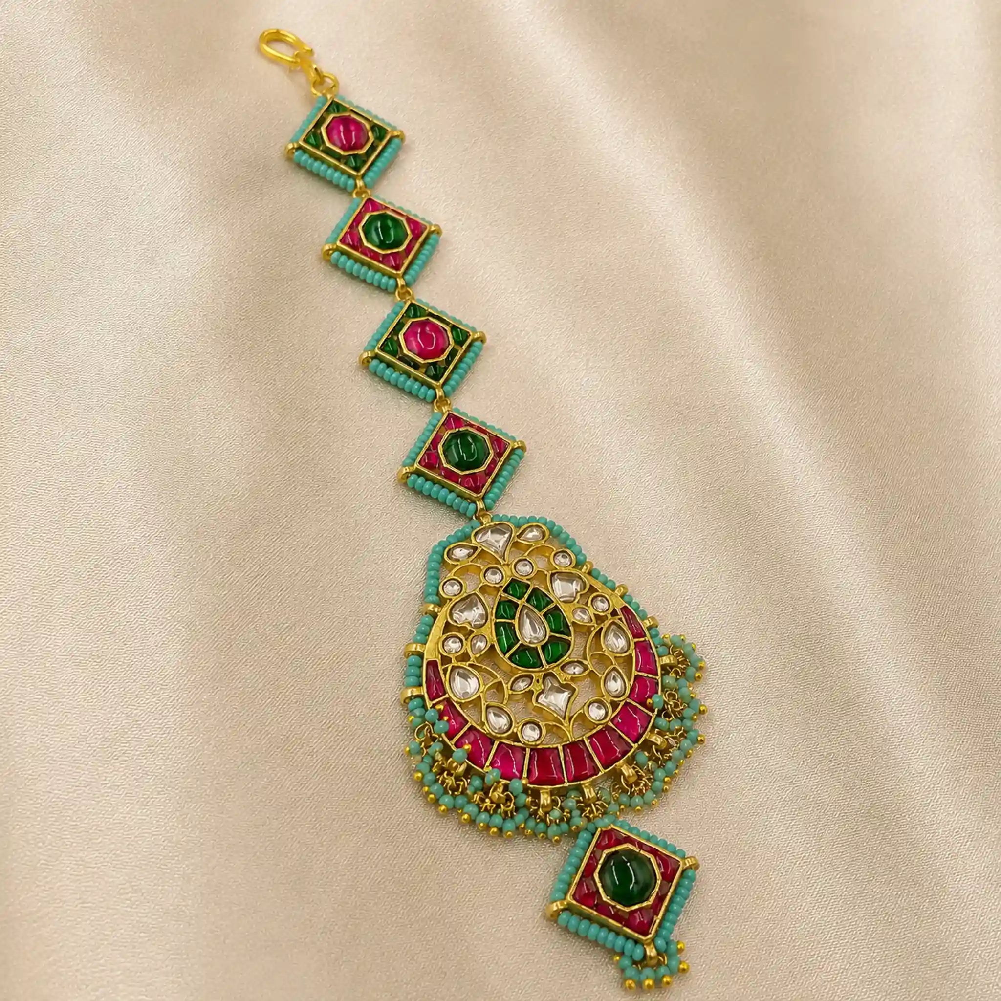 Multicolor Gold Plated Jadau Kundan MaangTeeka - PJMT007