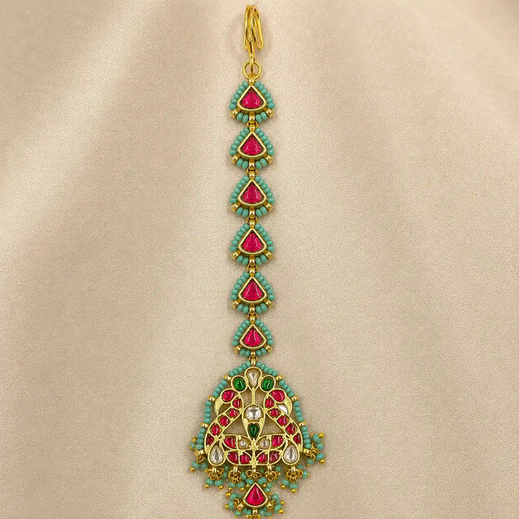 Red Color Gold Plated Jadau Kundan MaangTeeka - PJMT008