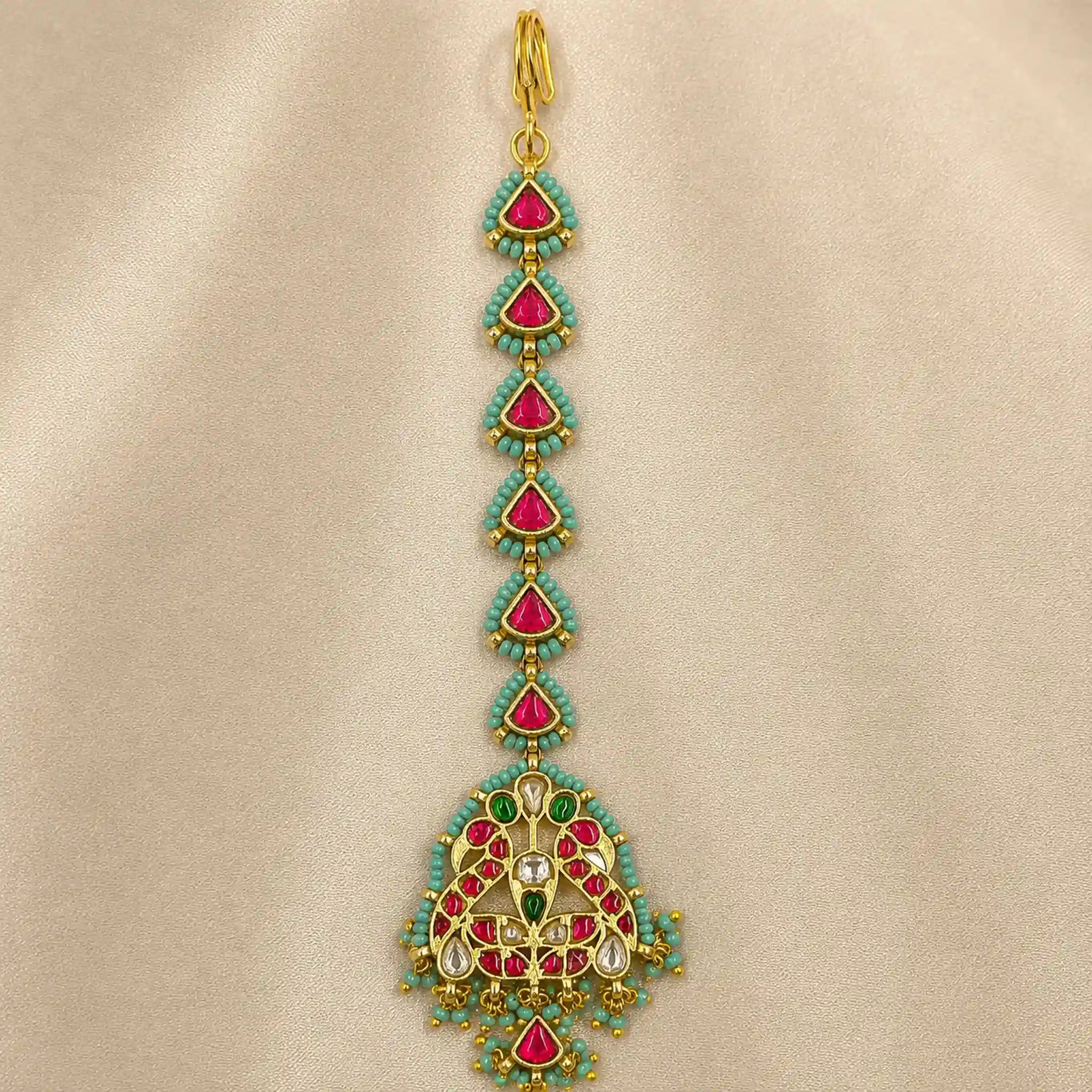Red Color Gold Plated Jadau Kundan MaangTeeka - PJMT008