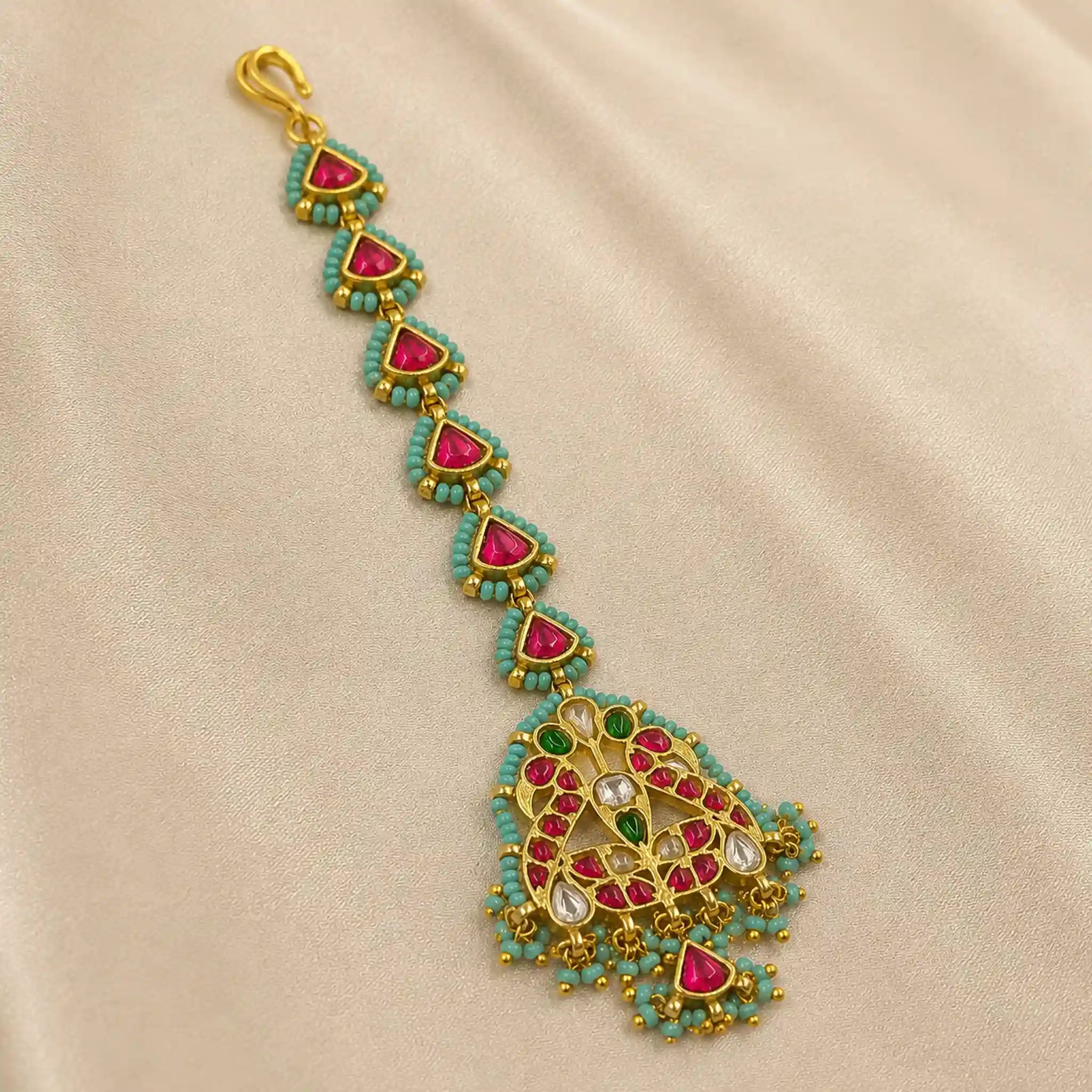 Red Color Gold Plated Jadau Kundan MaangTeeka - PJMT008