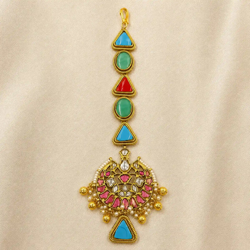 MultiColour Gold Plated Jadau Kundan MaangTeeka - PJMT010