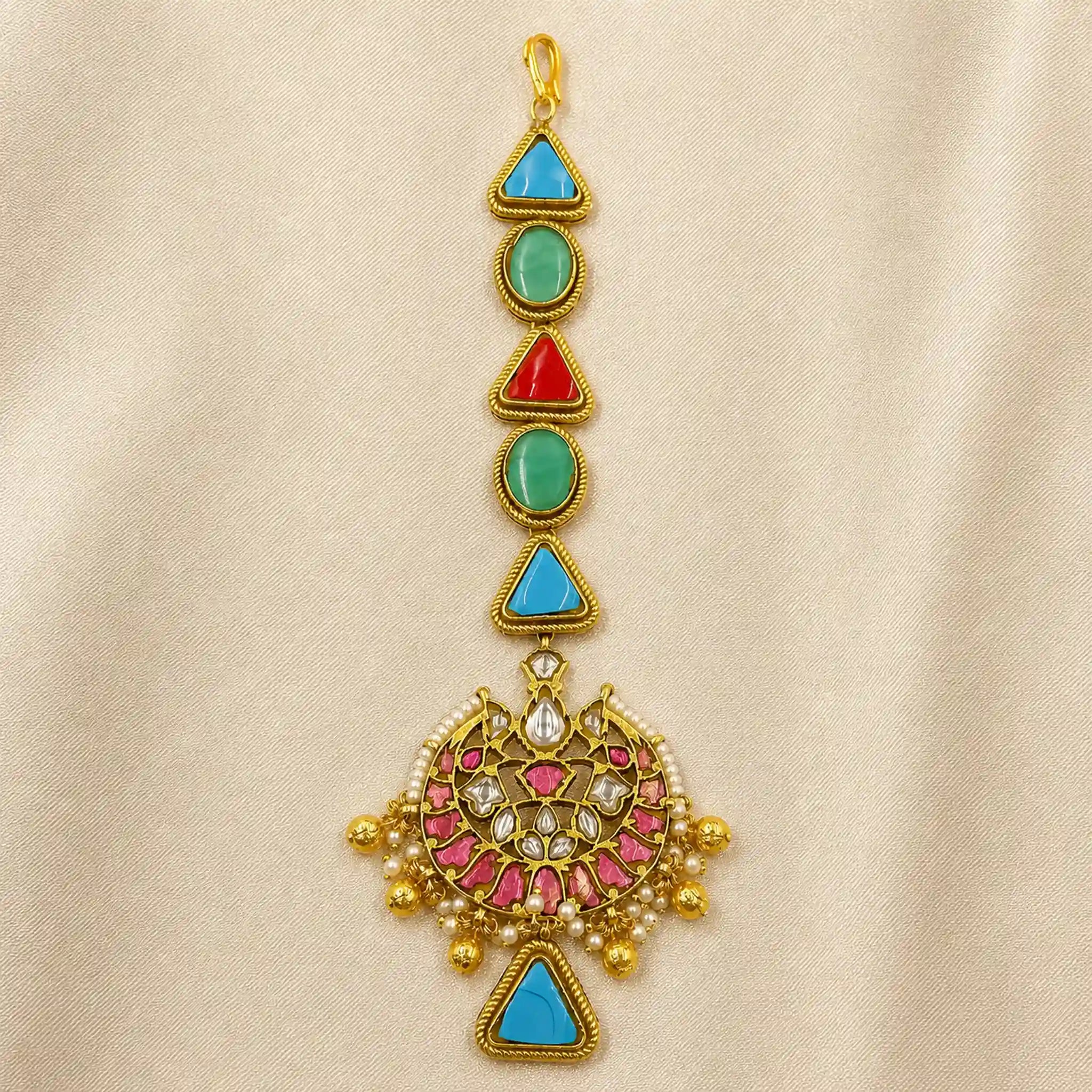 MultiColour Gold Plated Jadau Kundan MaangTeeka - PJMT010