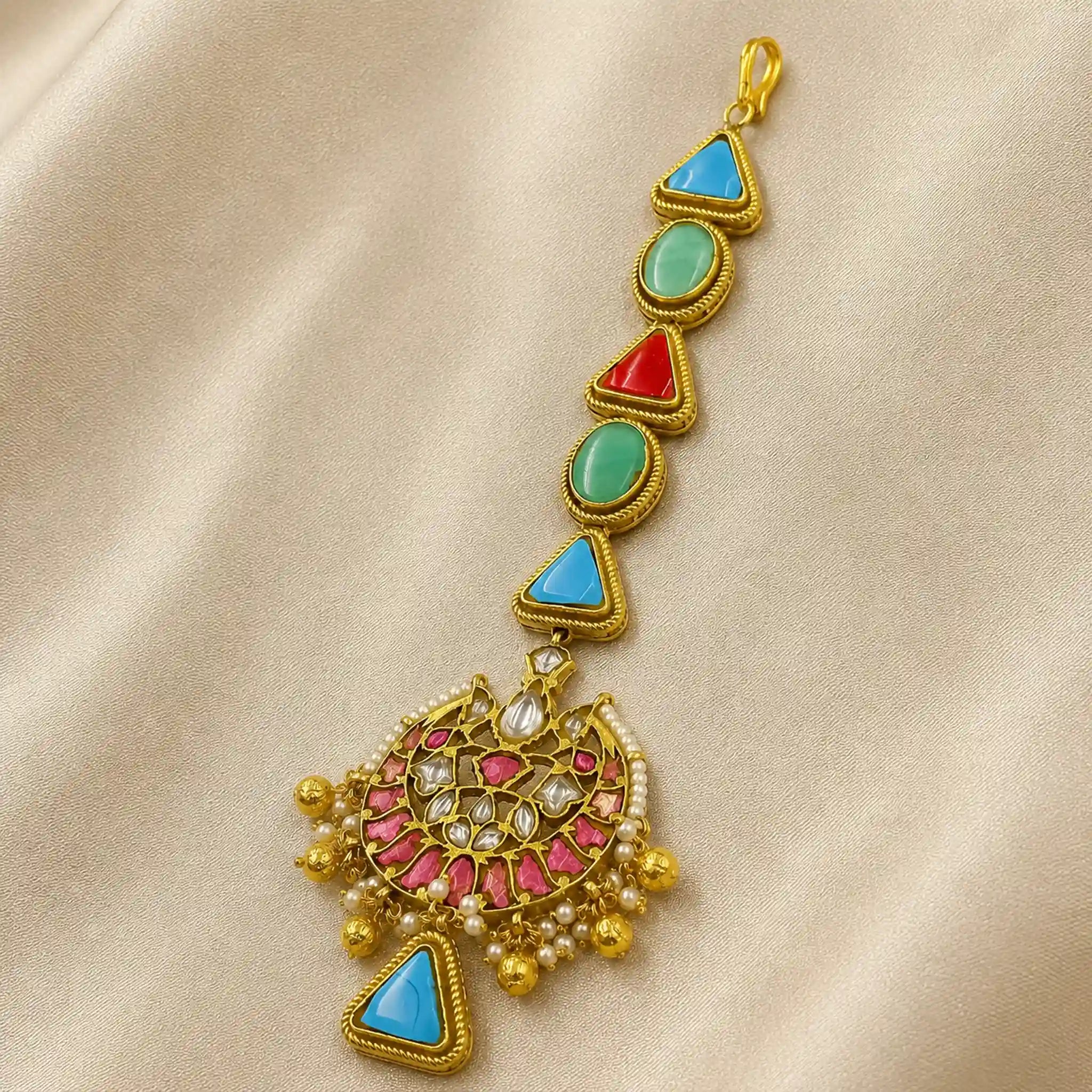 MultiColour Gold Plated Jadau Kundan MaangTeeka - PJMT010