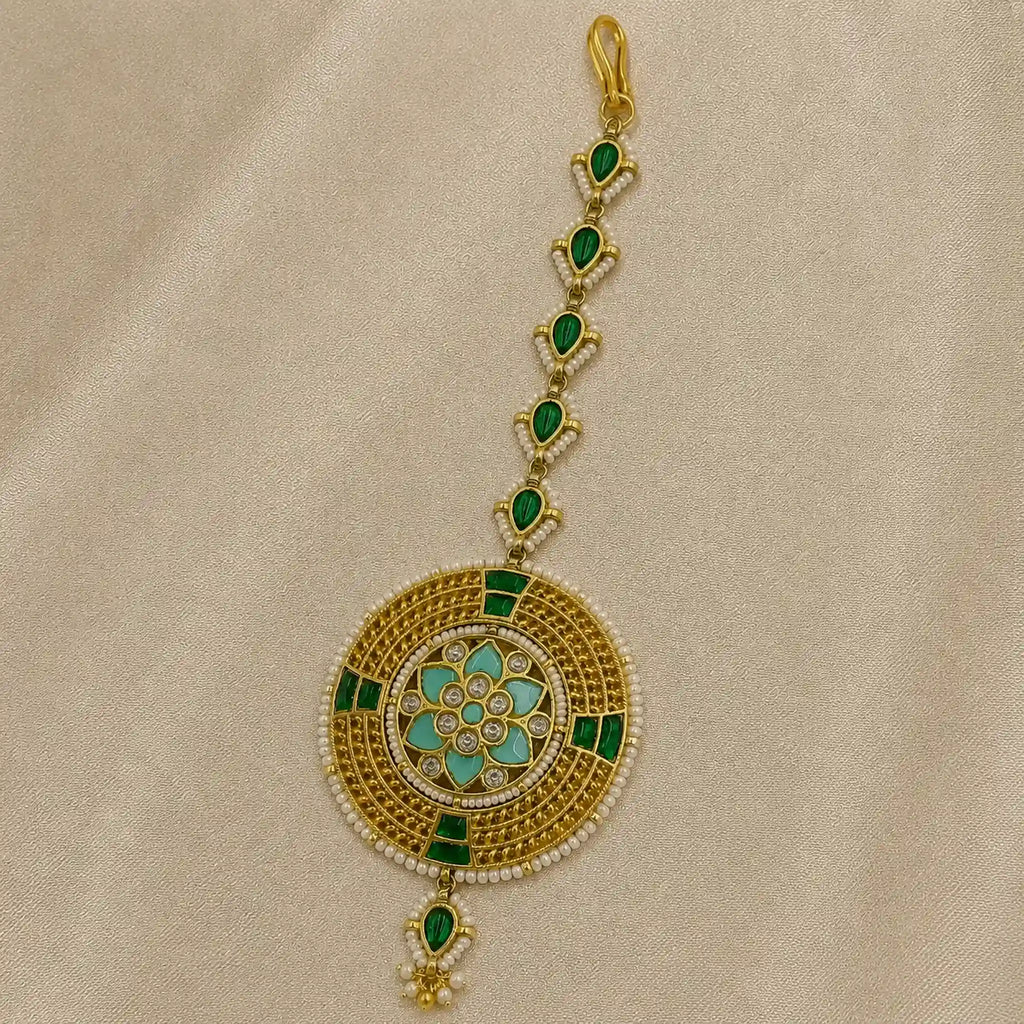 Multicolor Gold Plated Jadau Kundan MaangTeeka - PJMT014