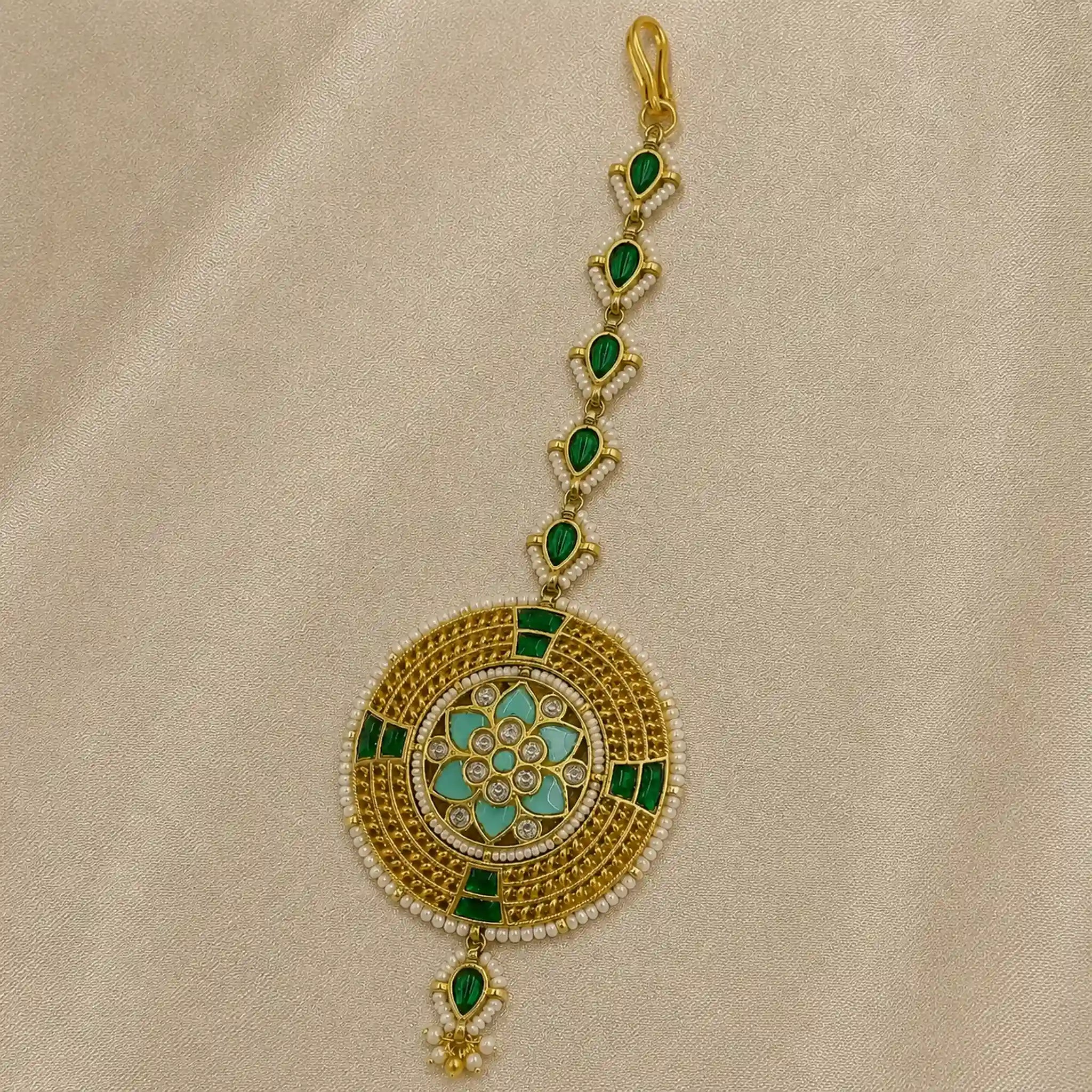 Multicolor Gold Plated Jadau Kundan MaangTeeka - PJMT014