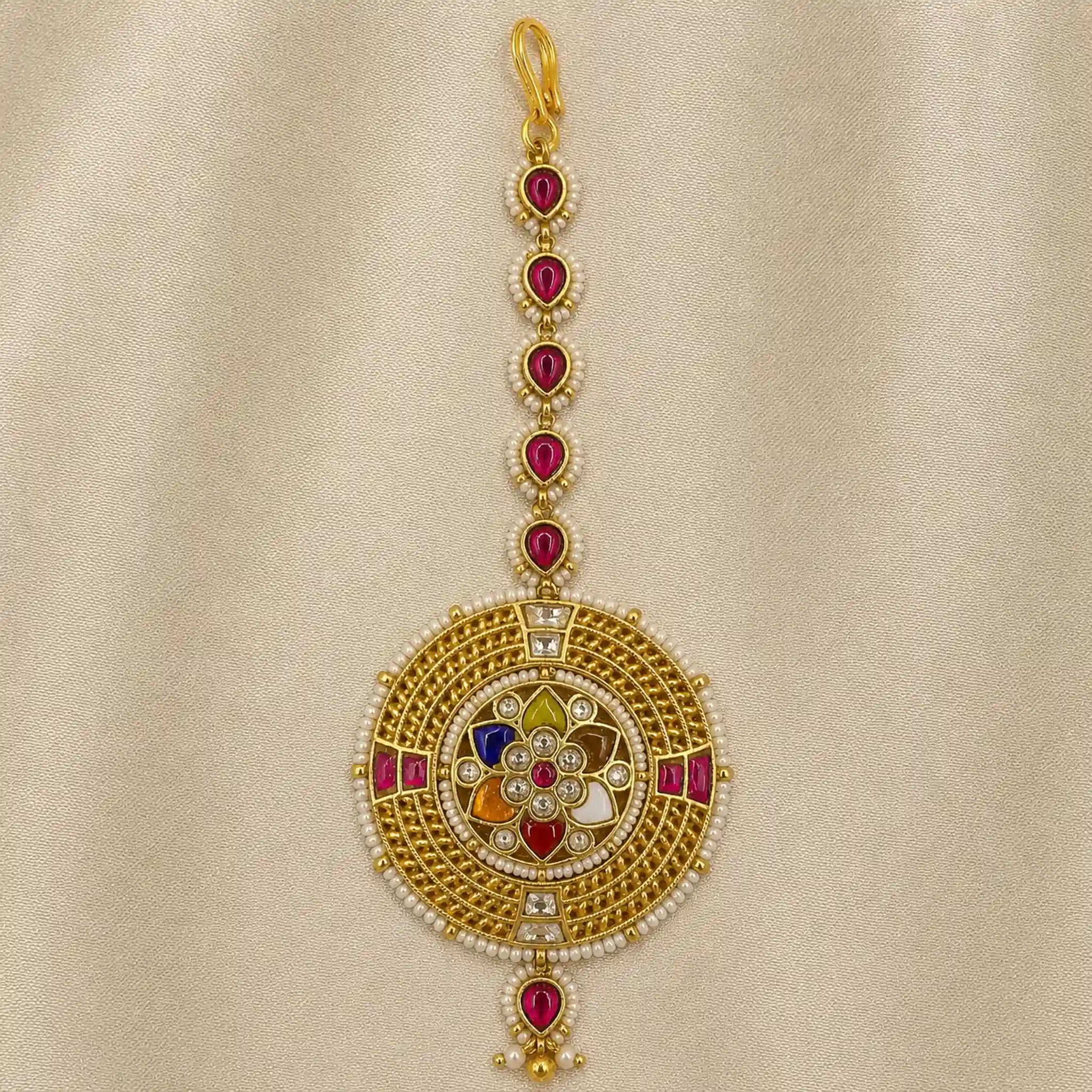 MultiColor Gold Plated Jadau Kundan MaangTeeka - PJMT015