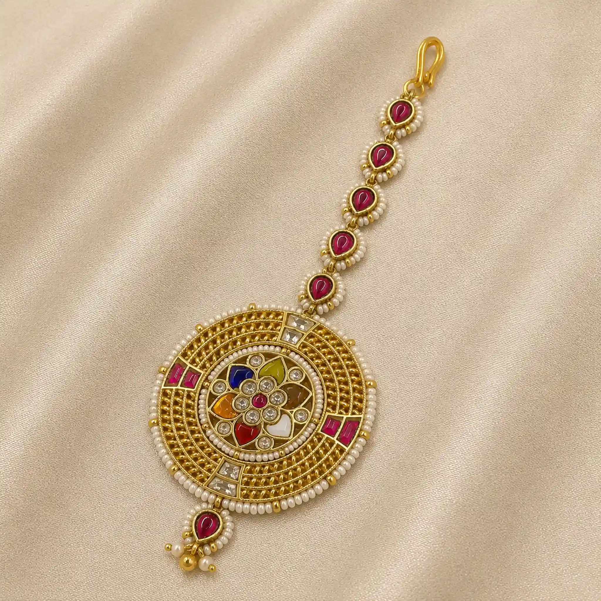 MultiColor Gold Plated Jadau Kundan MaangTeeka - PJMT015