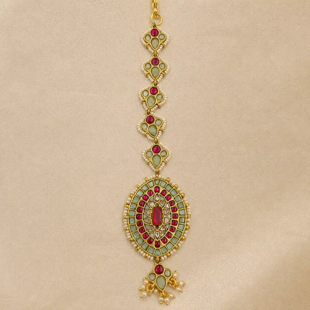 Multicolor Gold Plated Jadau Kundan MaangTeeka - PJMT016
