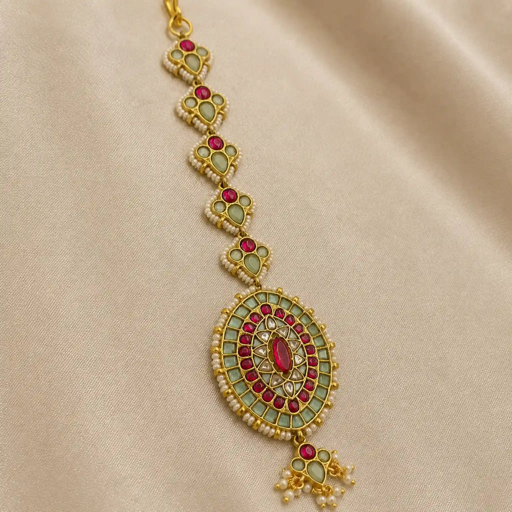 Multicolor Gold Plated Jadau Kundan MaangTeeka - PJMT016