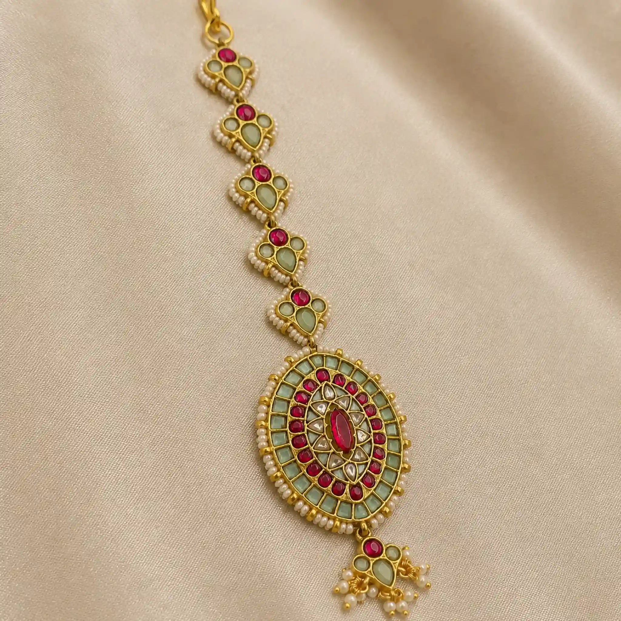 Multicolor Gold Plated Jadau Kundan MaangTeeka - PJMT016