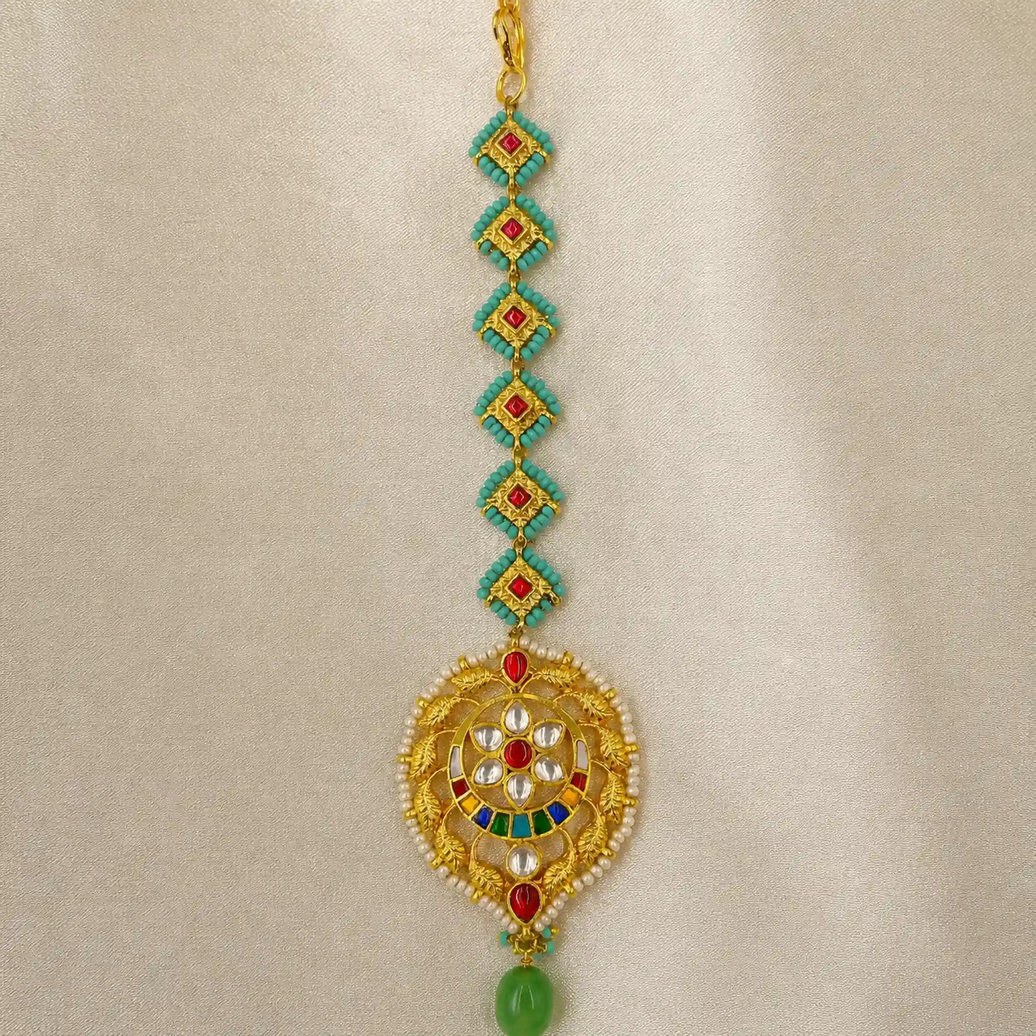 MultiColor Gold Plated Jadau Kundan MaangTeeka - PJMT017