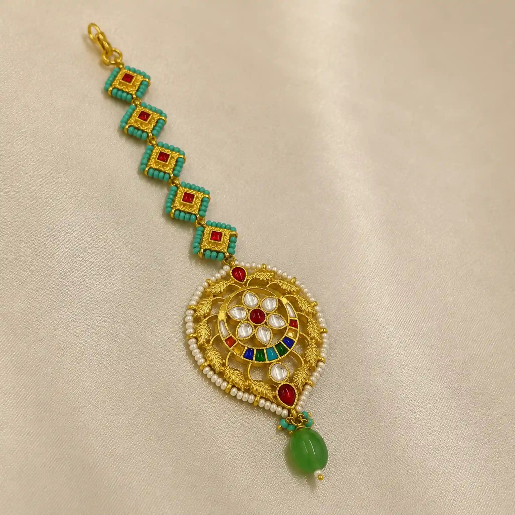 MultiColor Gold Plated Jadau Kundan MaangTeeka - PJMT017