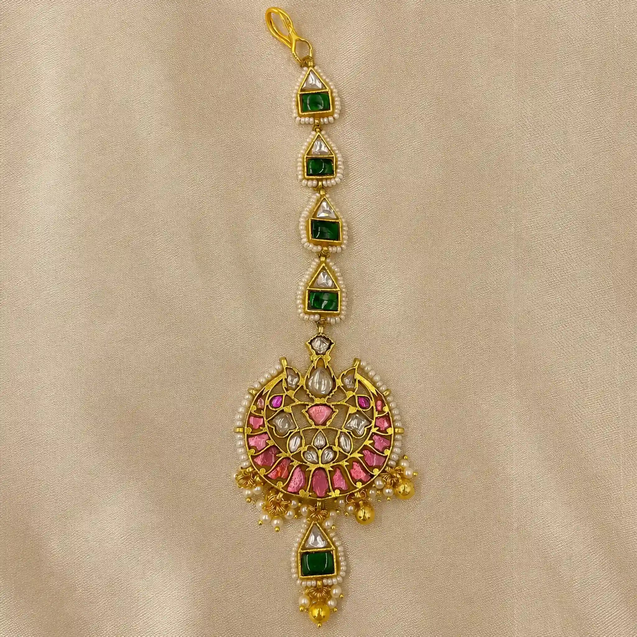 Multicolour Gold Plated Jadau Kundan MaangTeeka - PJMT020
