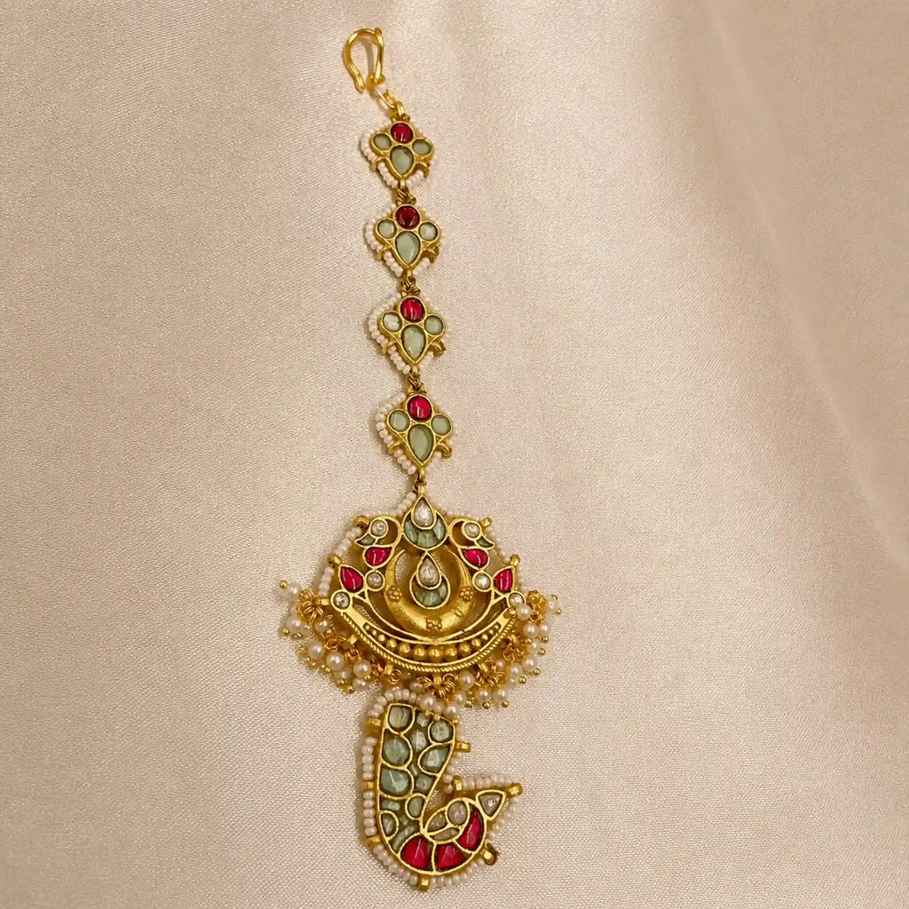 Multicolour Gold Plated Jadau Kundan MaangTeeka - PJMT021