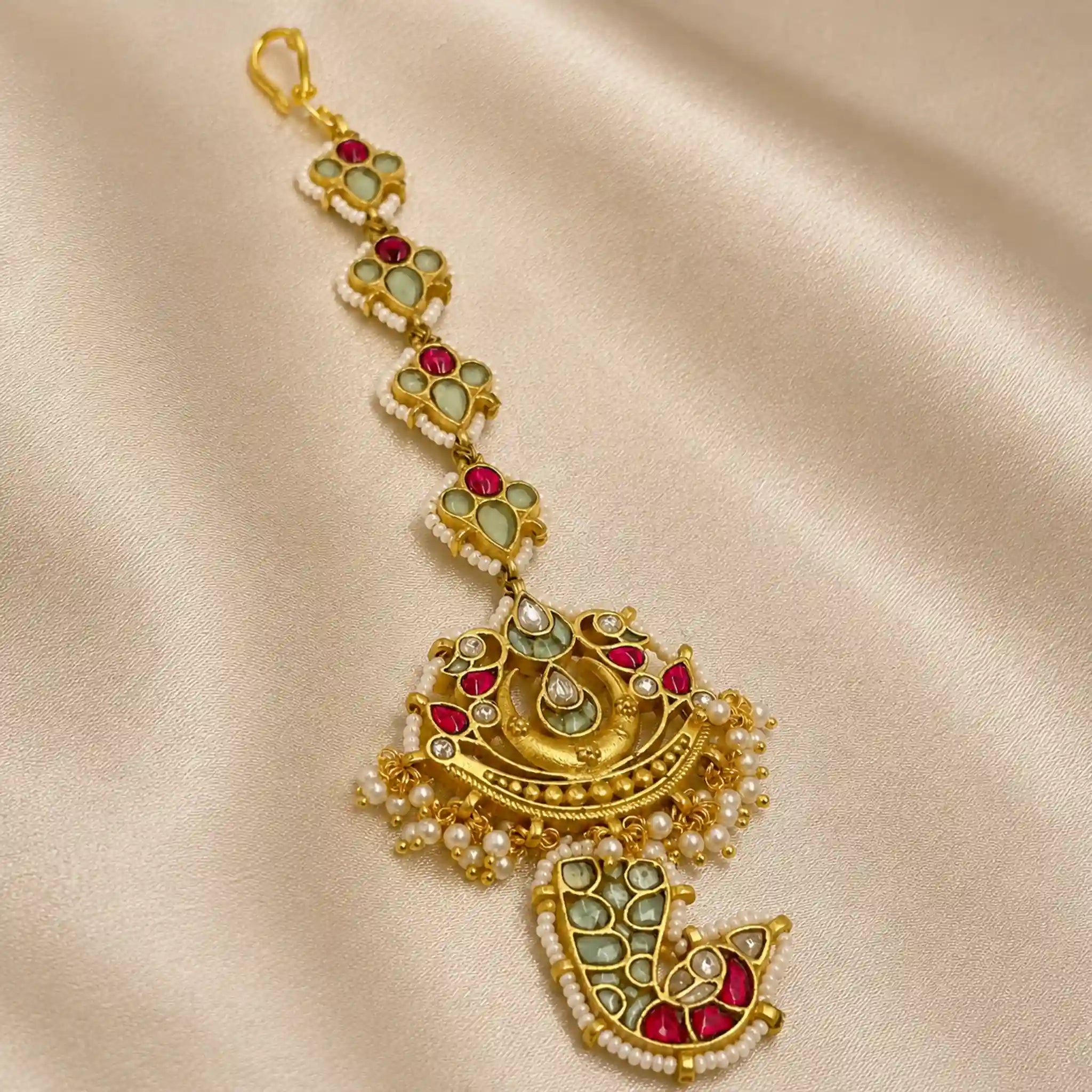 Multicolour Gold Plated Jadau Kundan MaangTeeka - PJMT021