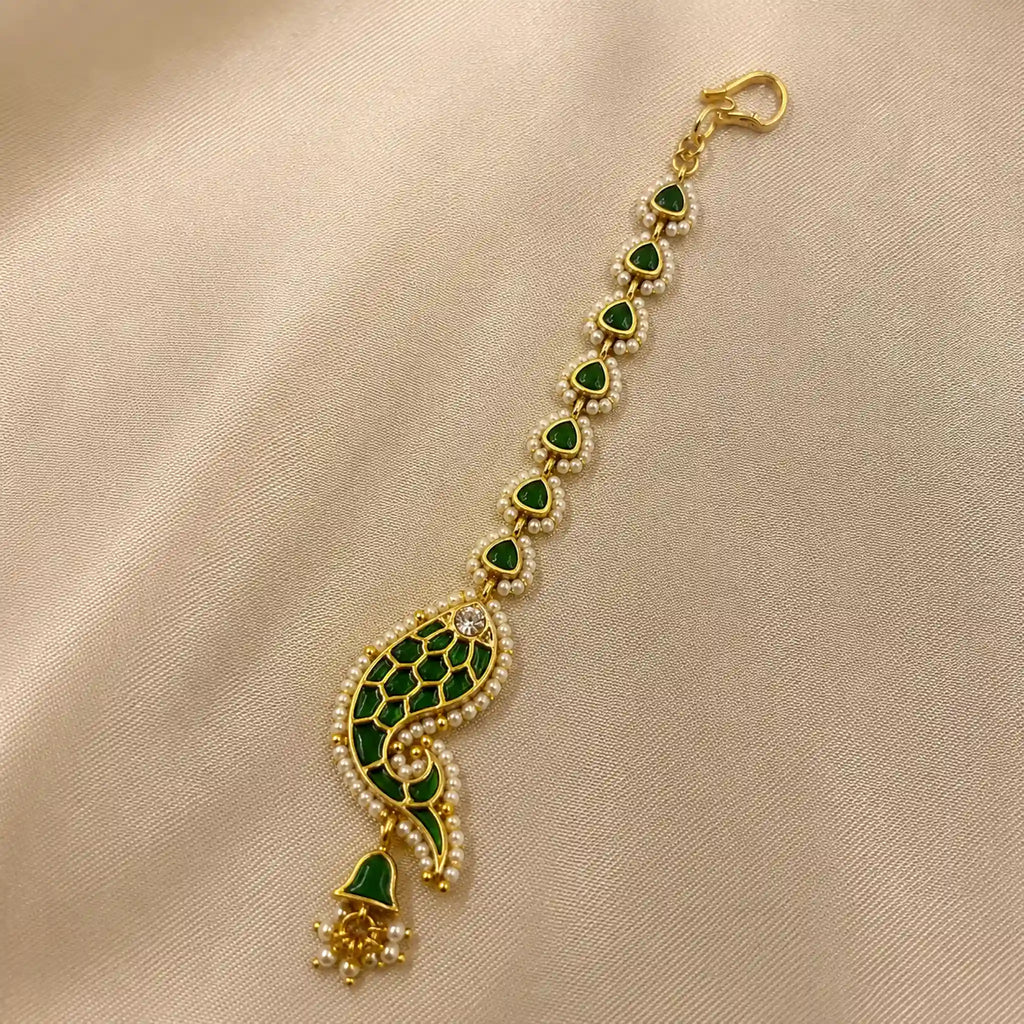 Green Color Gold Plated Jadau Kundan MaangTeeka - PJMT004