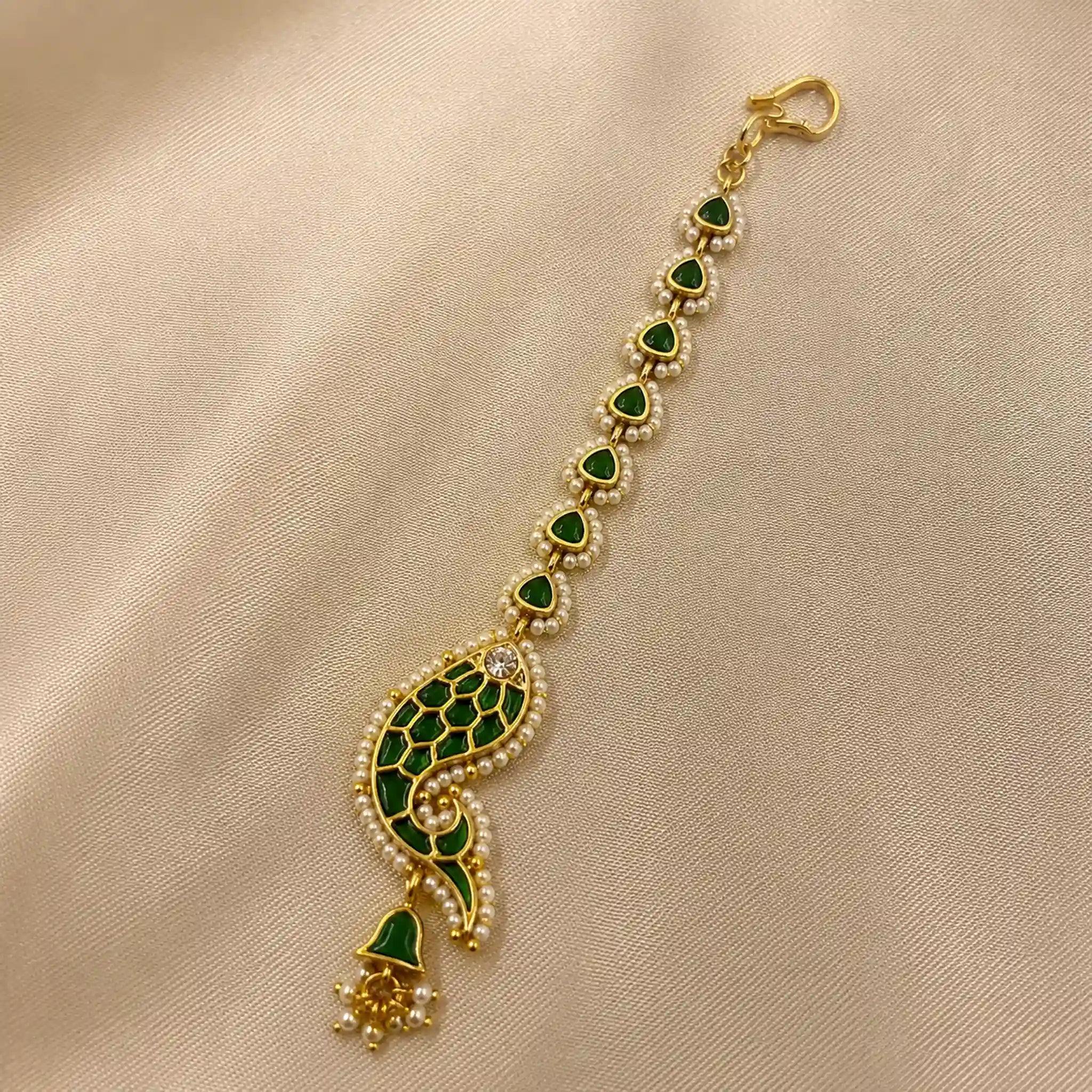 Green Color Gold Plated Jadau Kundan MaangTeeka - PJMT004