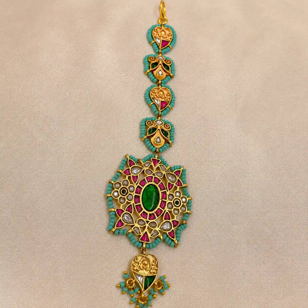 MultiColor Gold Plated Jadau Kundan MaangTeeka - PJMT-005