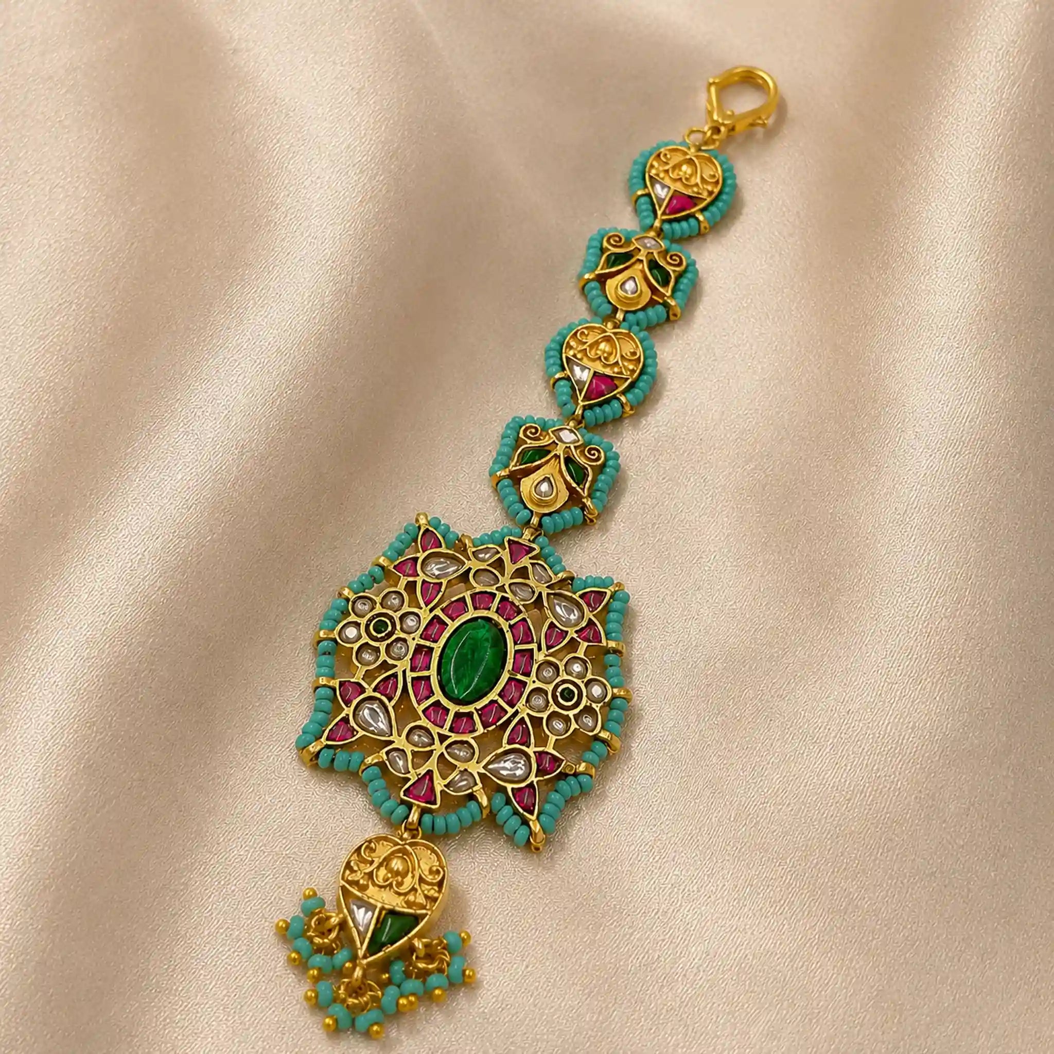 MultiColor Gold Plated Jadau Kundan MaangTeeka - PJMT-005