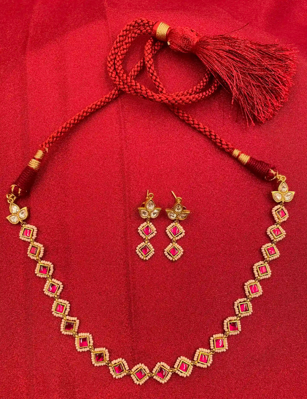 Red Color Gold Plated Jadau Kundan Necklace Set - PJNS302
