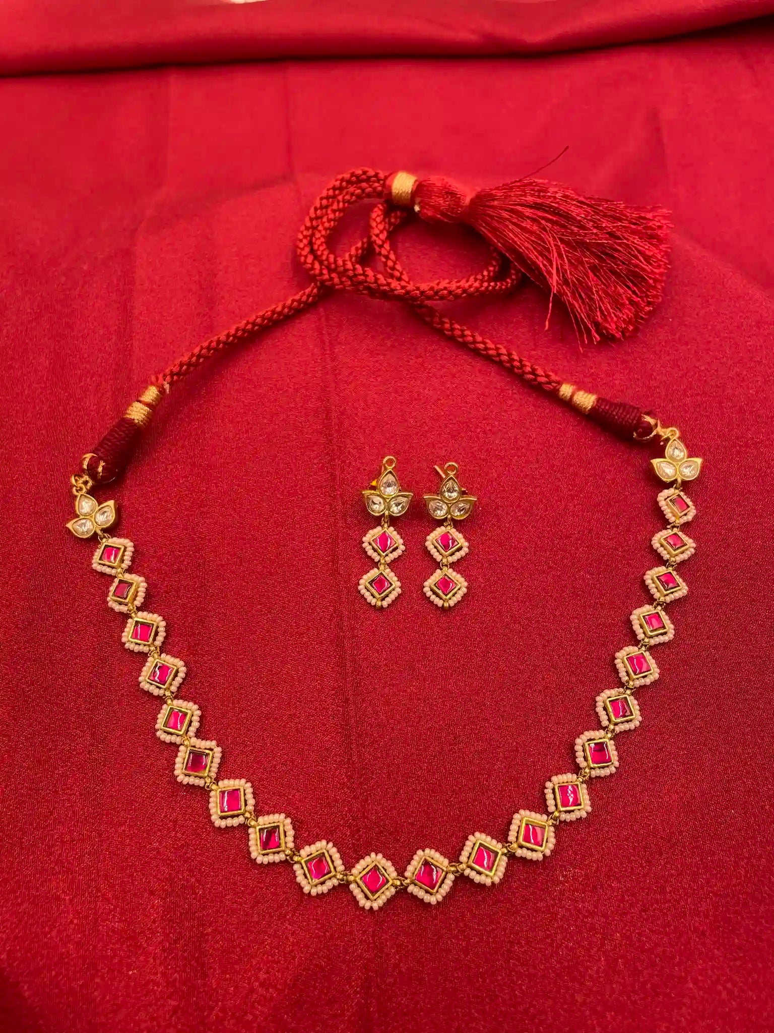 Red Color Gold Plated Jadau Kundan Necklace Set - PJNS302