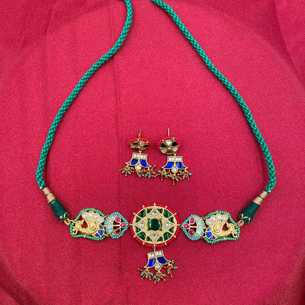 MultiColor Gold Plated Jadau Kundan Necklace Set - PJNS305