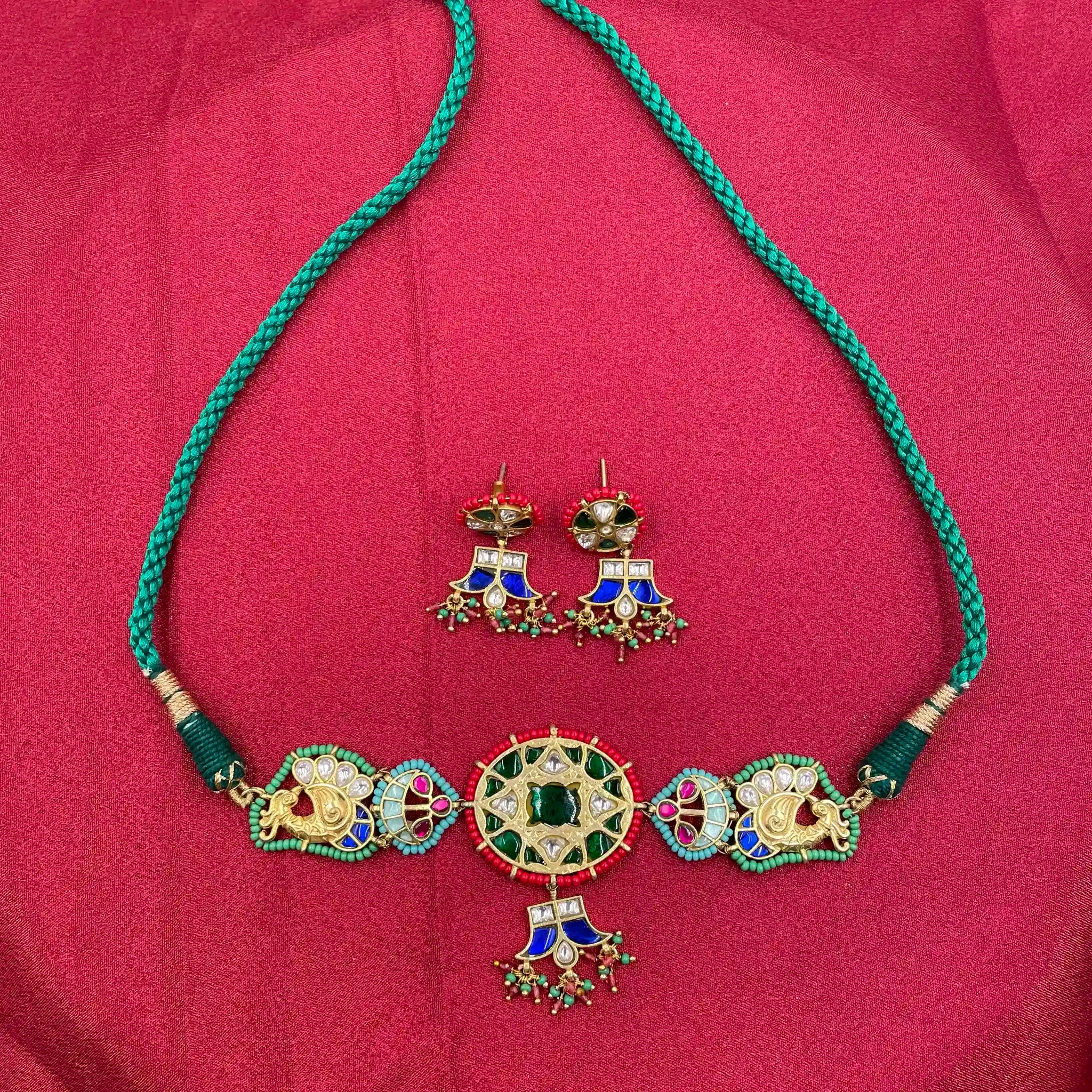 MultiColor Gold Plated Jadau Kundan Necklace Set - PJNS305