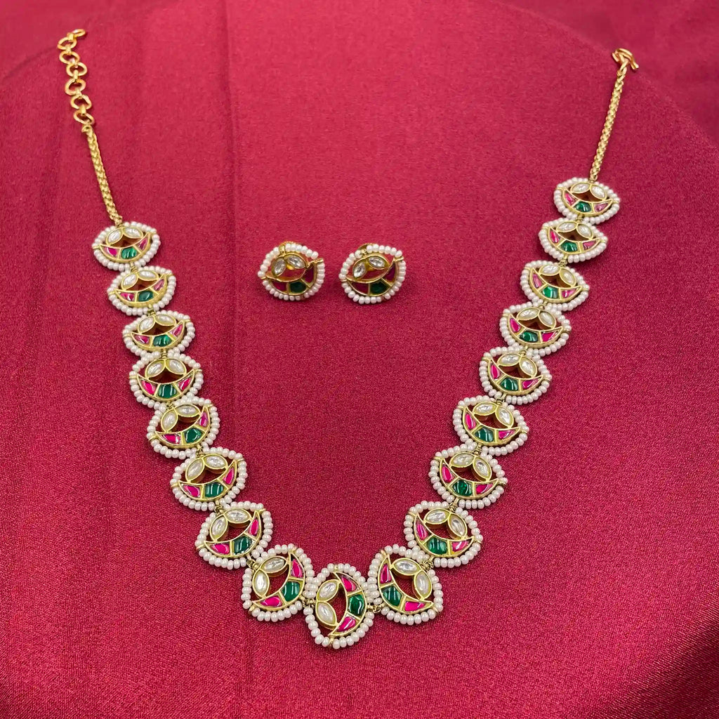 MultiColor Gold Plated Jadau Kundan Necklace Set  - PJNS307