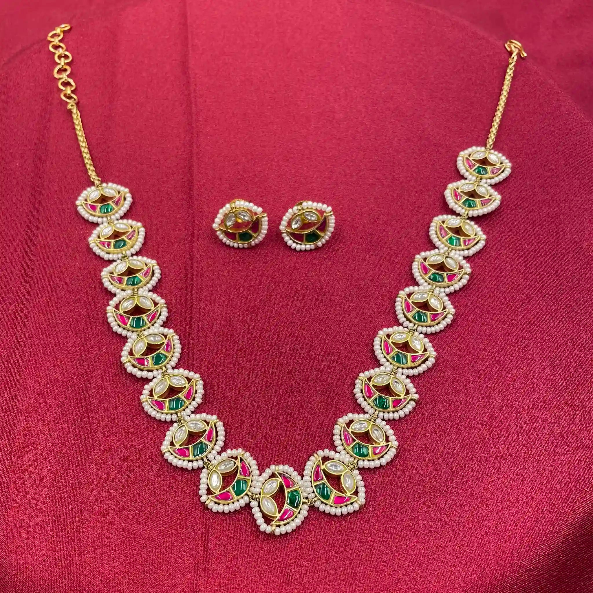 MultiColor Gold Plated Jadau Kundan Necklace Set  - PJNS307
