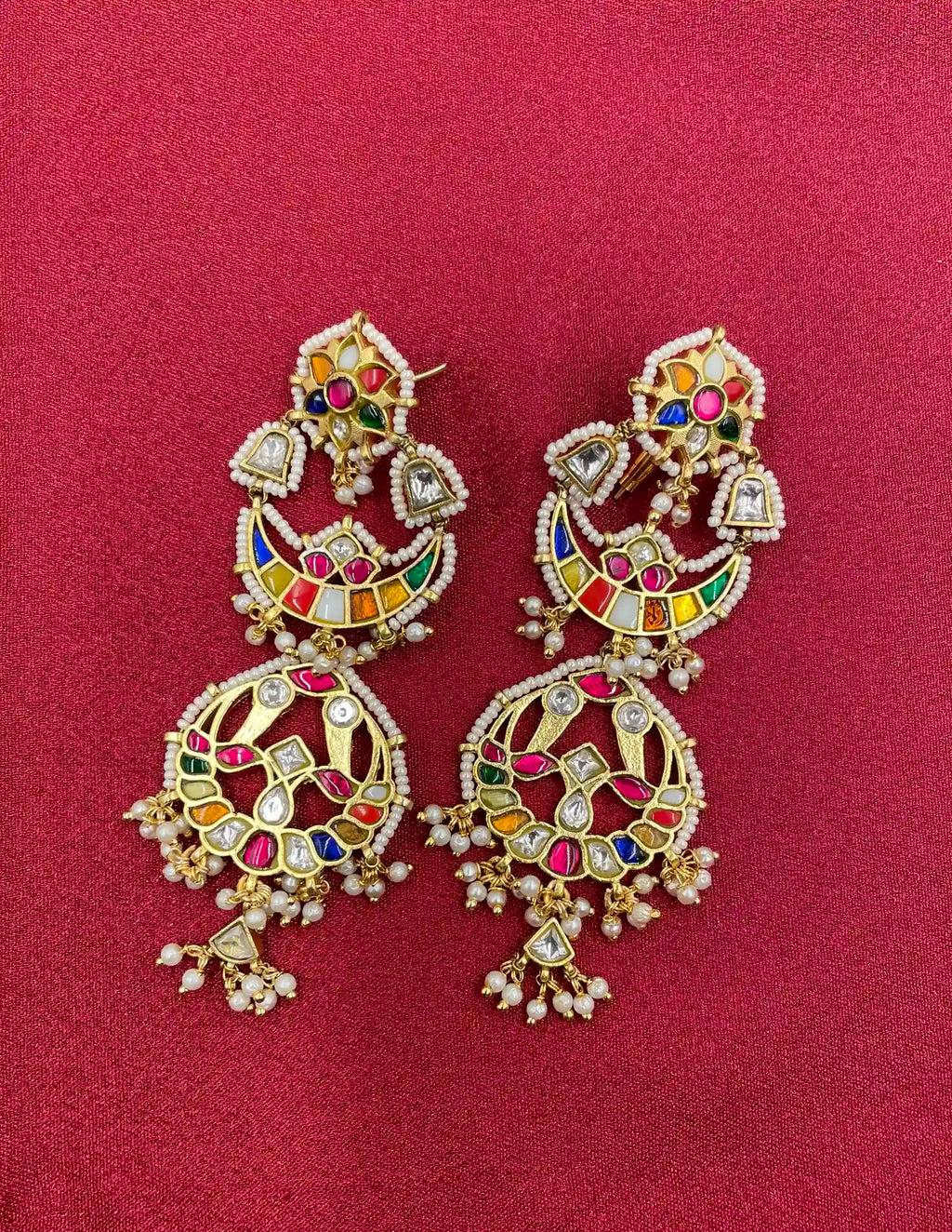MultiColor Gold Plated Jadau Kundan Earrings  - PJER317