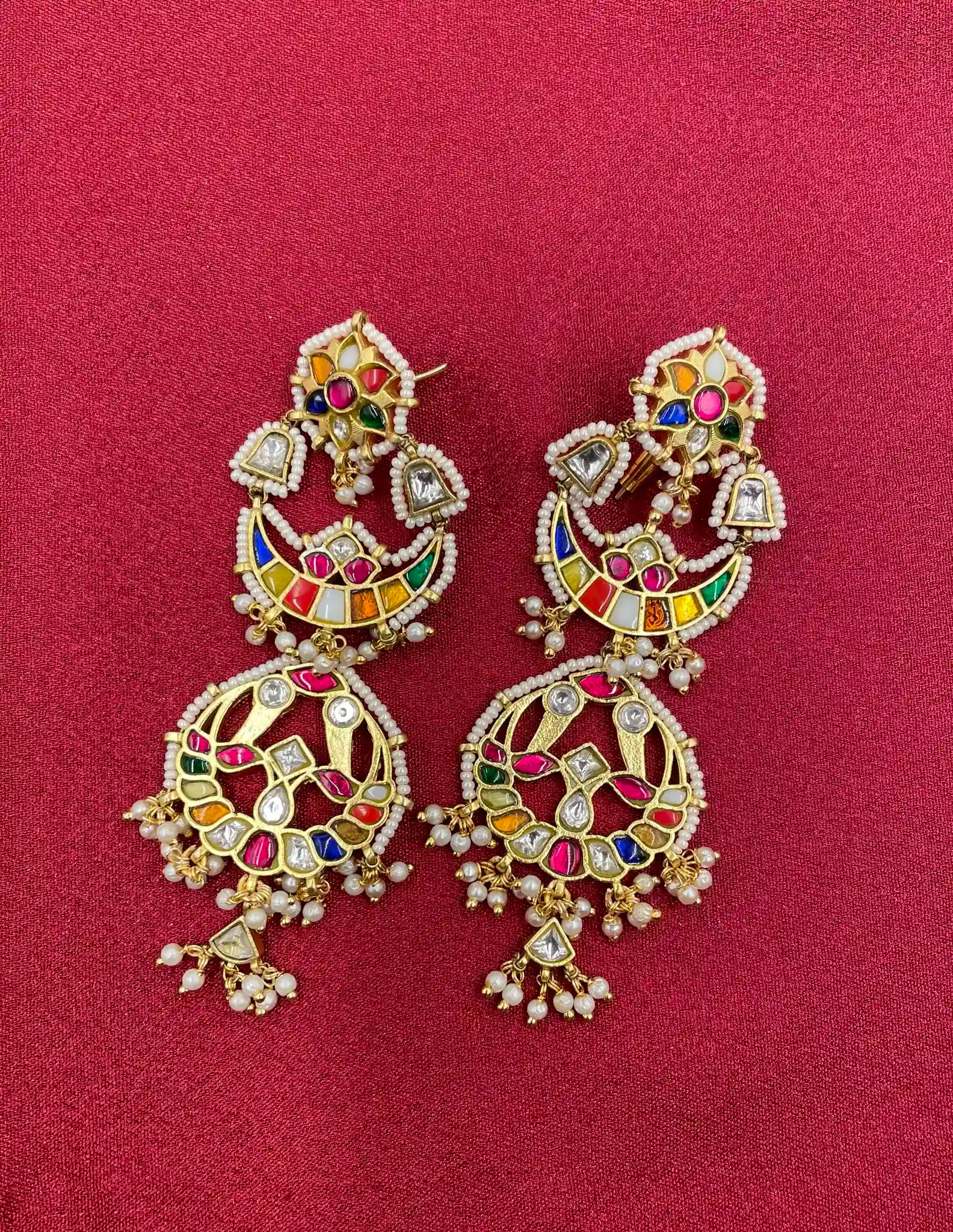 MultiColor Gold Plated Jadau Kundan Earrings  - PJER317