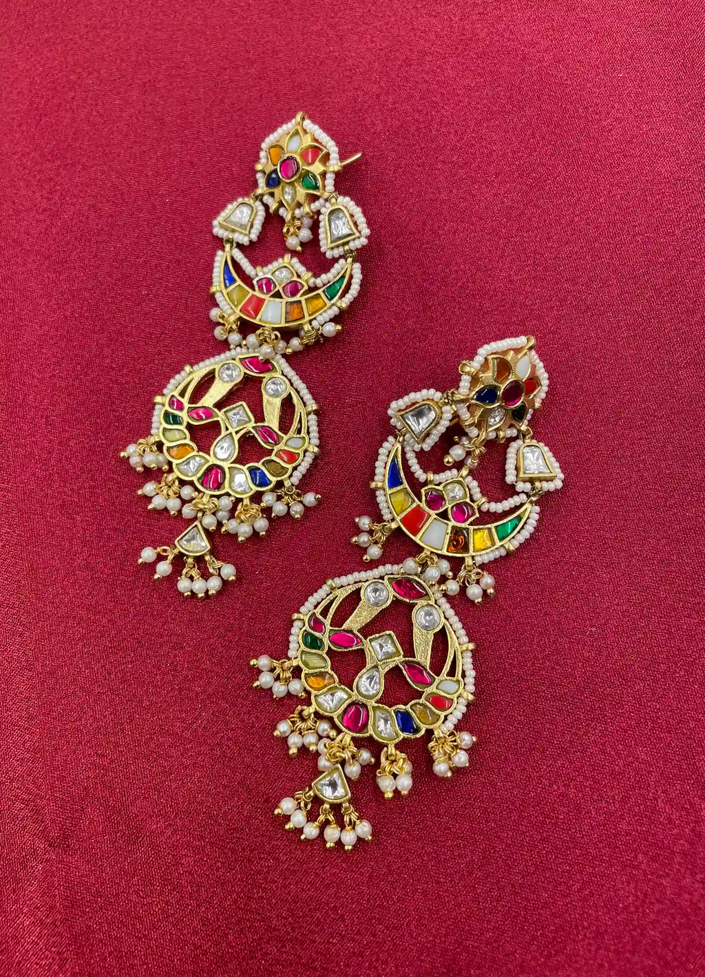 MultiColor Gold Plated Jadau Kundan Earrings  - PJER317