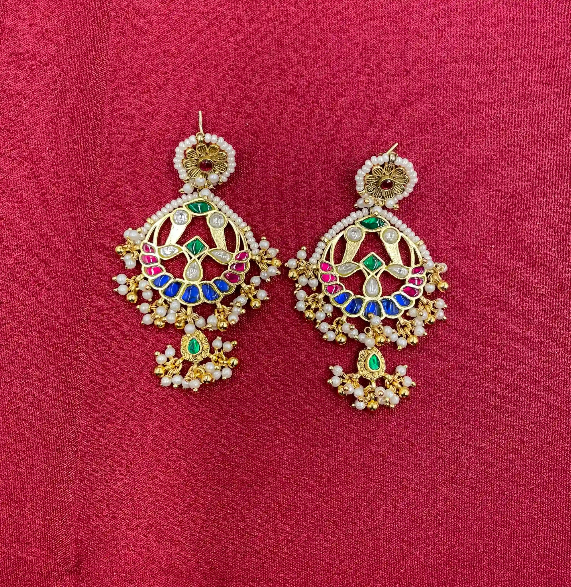 MultiColor Gold Plated Jadau Kundan Earrings - PJER325