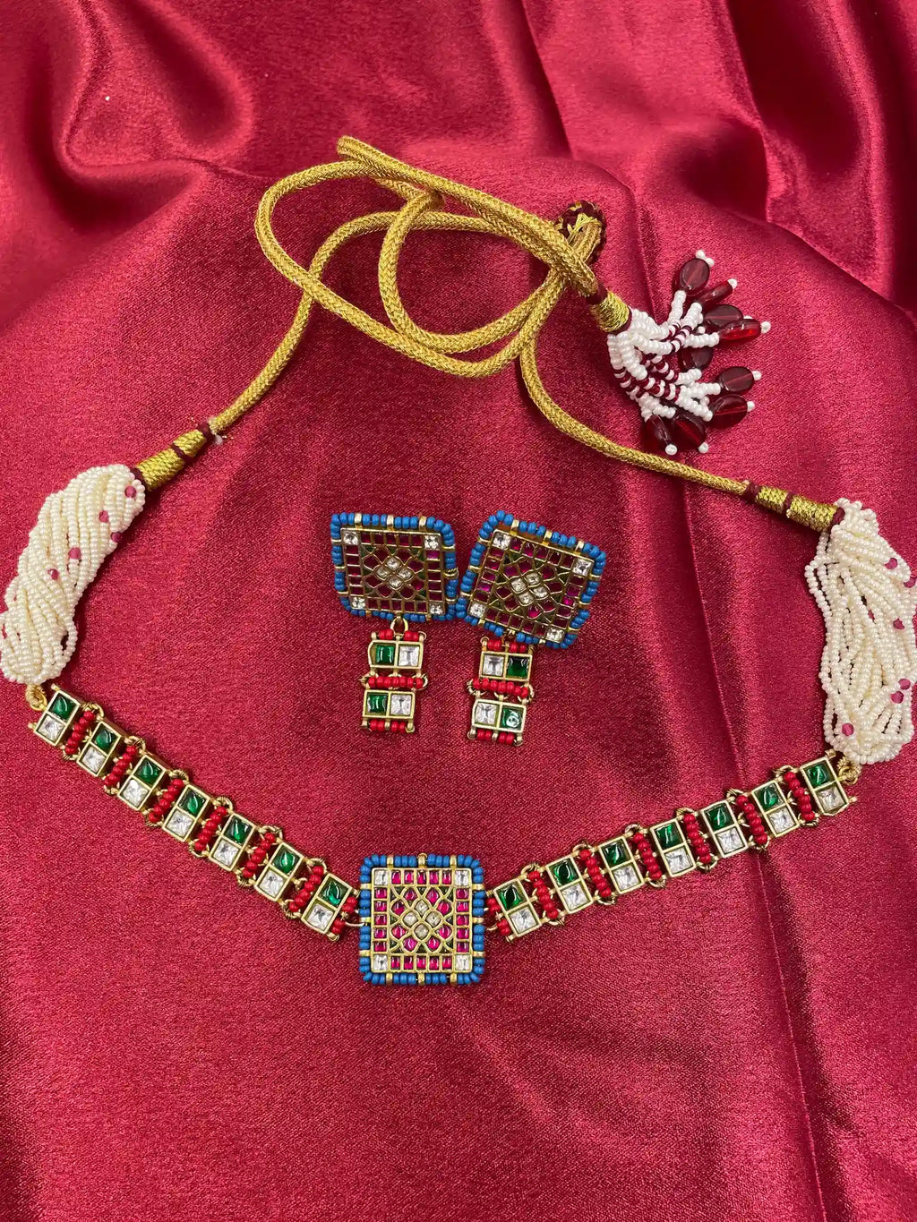 MultiColor Gold Plated Jadau Kundan Necklace Set - PJNS106
