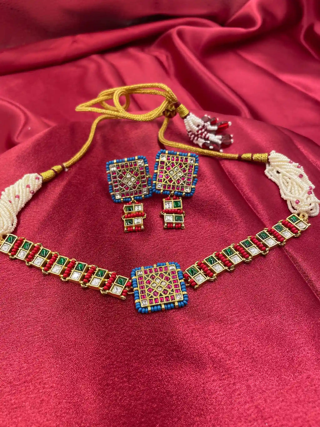 MultiColor Gold Plated Jadau Kundan Necklace Set - PJNS106