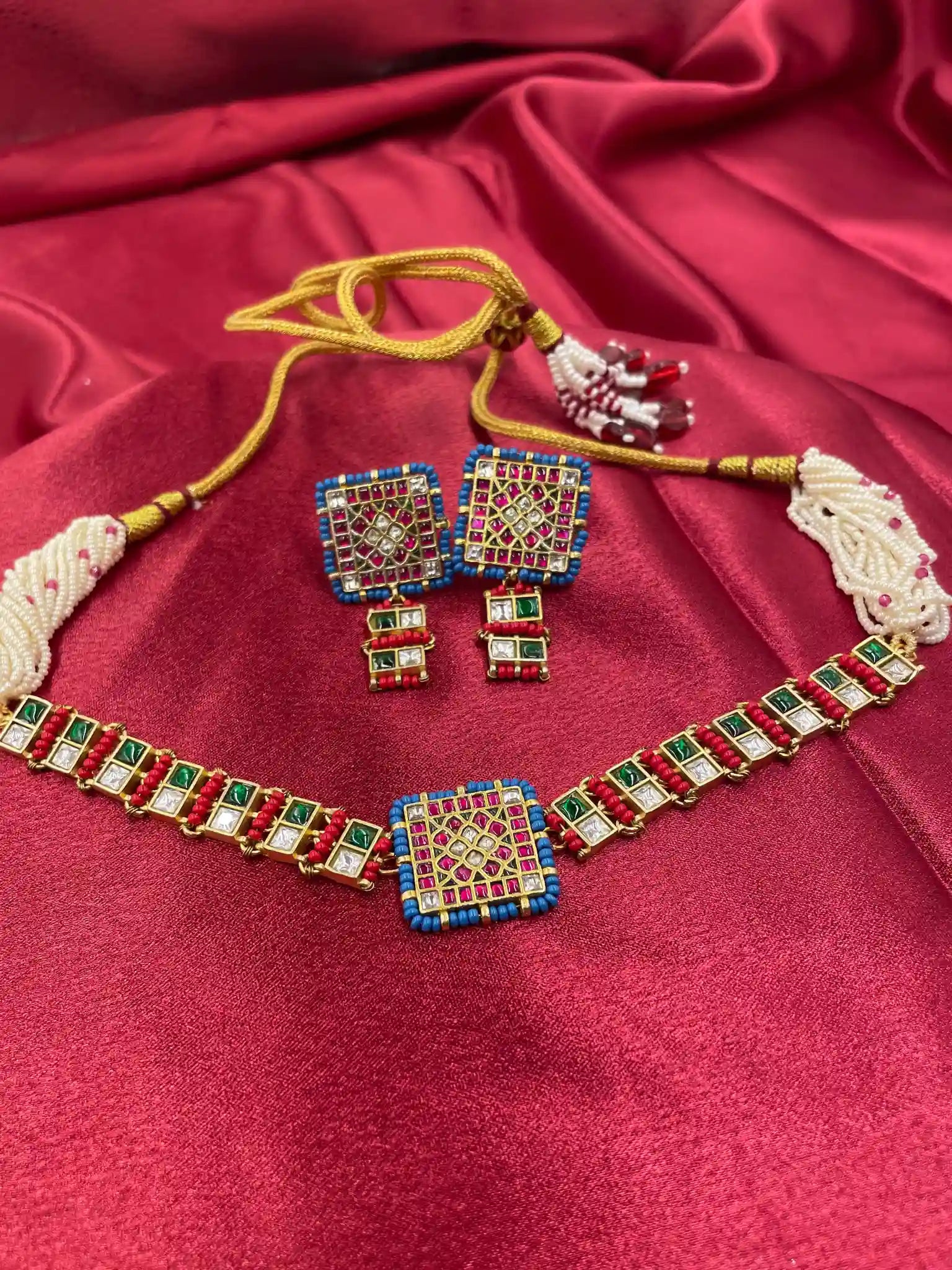 MultiColor Gold Plated Jadau Kundan Necklace Set - PJNS106