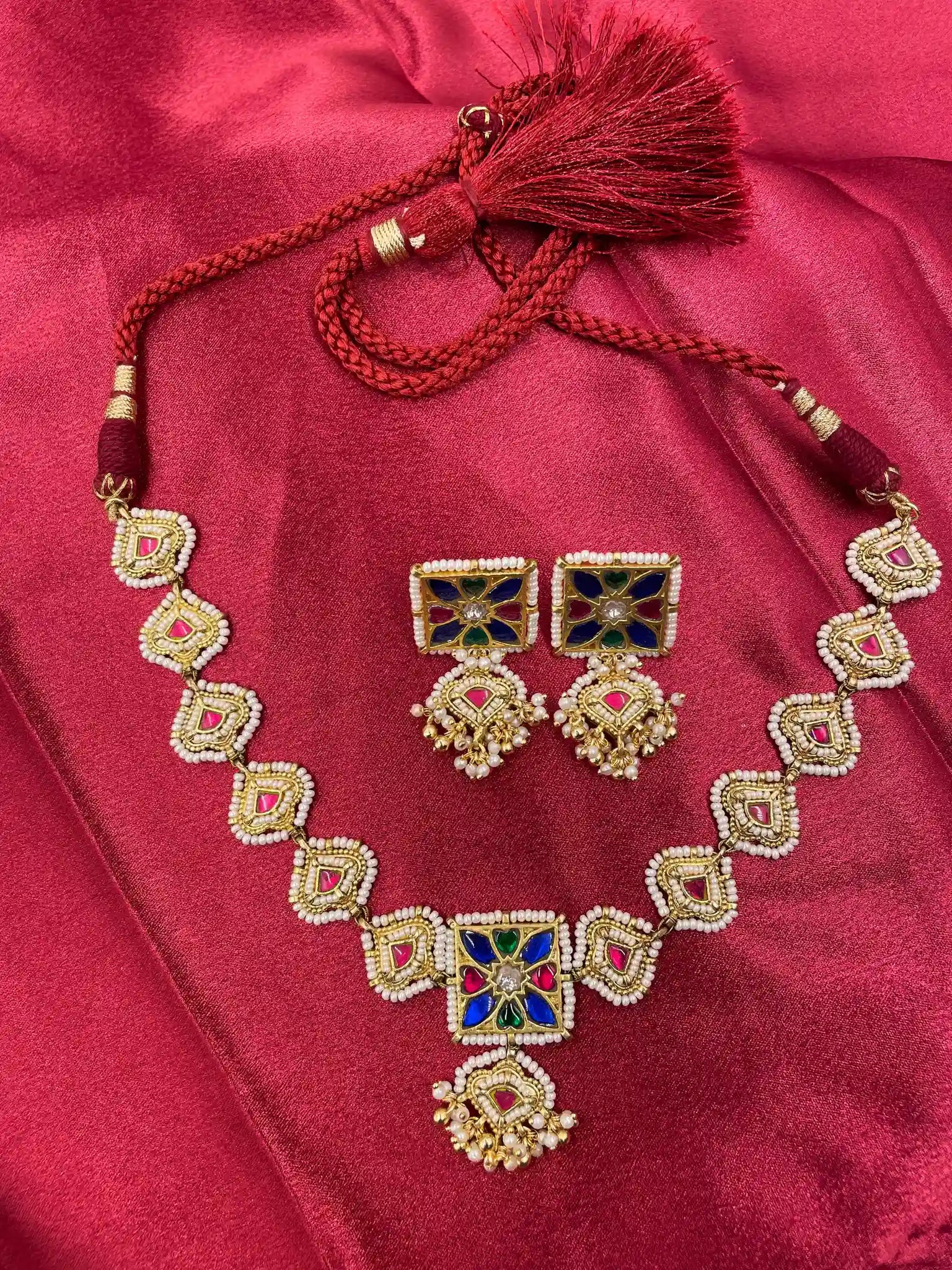 MultiColor Gold Plated Jadau Kundan Necklace Set - PJNS115