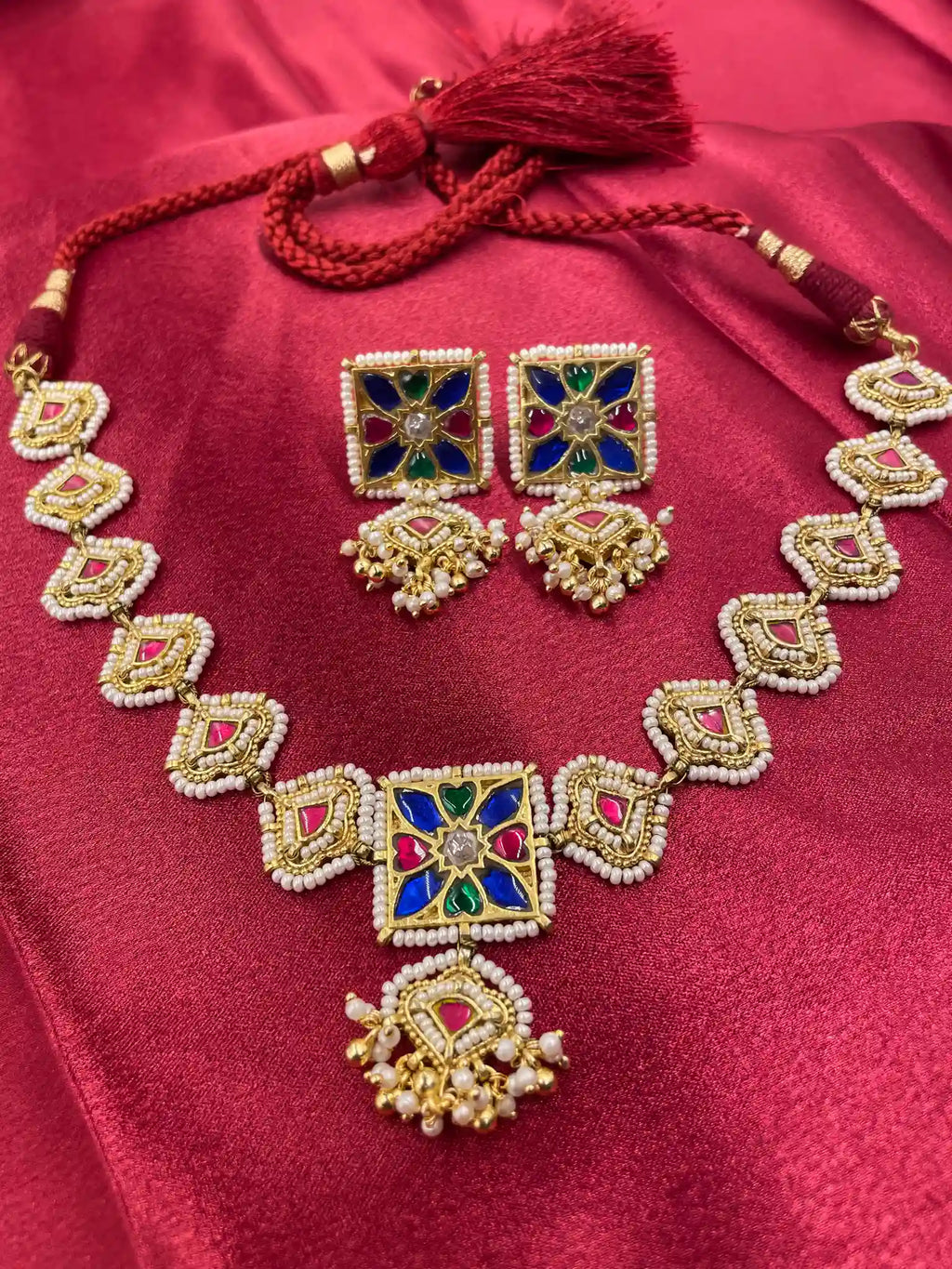 MultiColor Gold Plated Jadau Kundan Necklace Set - PJNS115