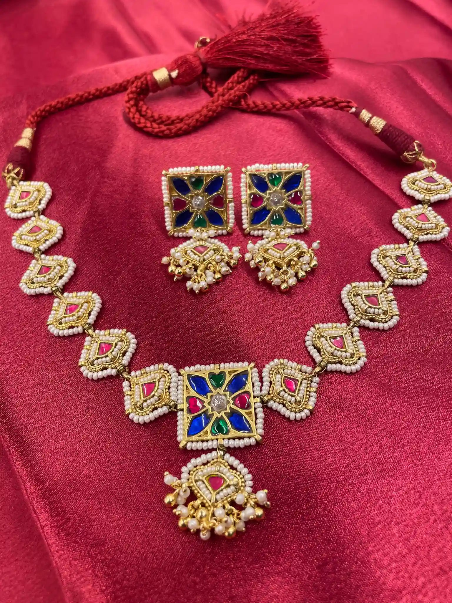 MultiColor Gold Plated Jadau Kundan Necklace Set - PJNS115
