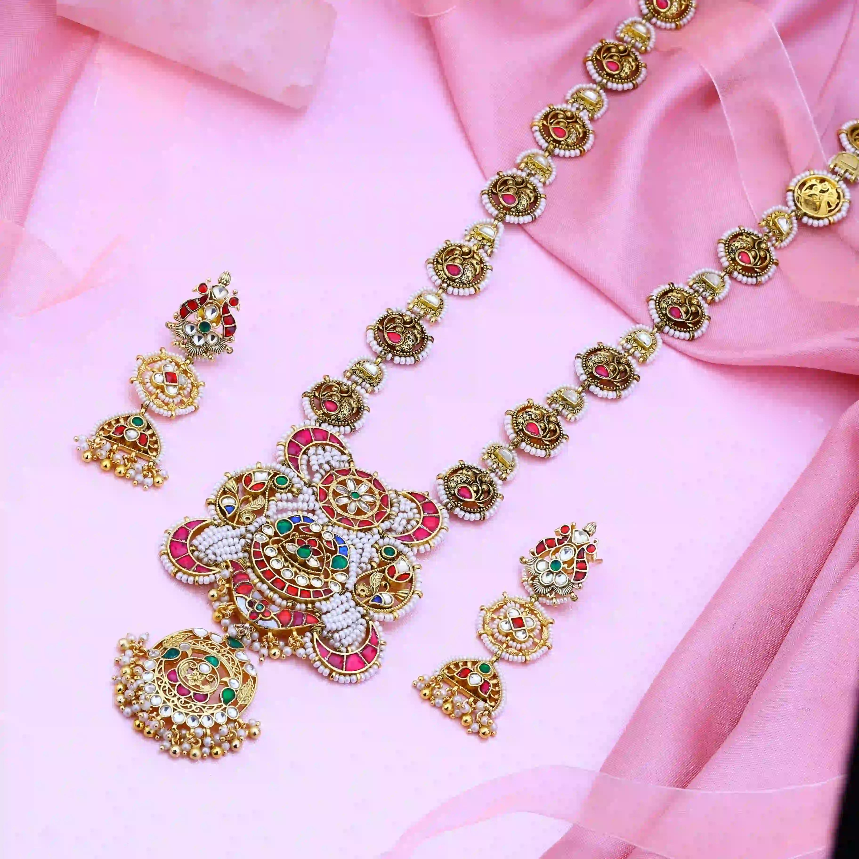 Multicolor Jadau Kundan Necklace Set-PJNS08