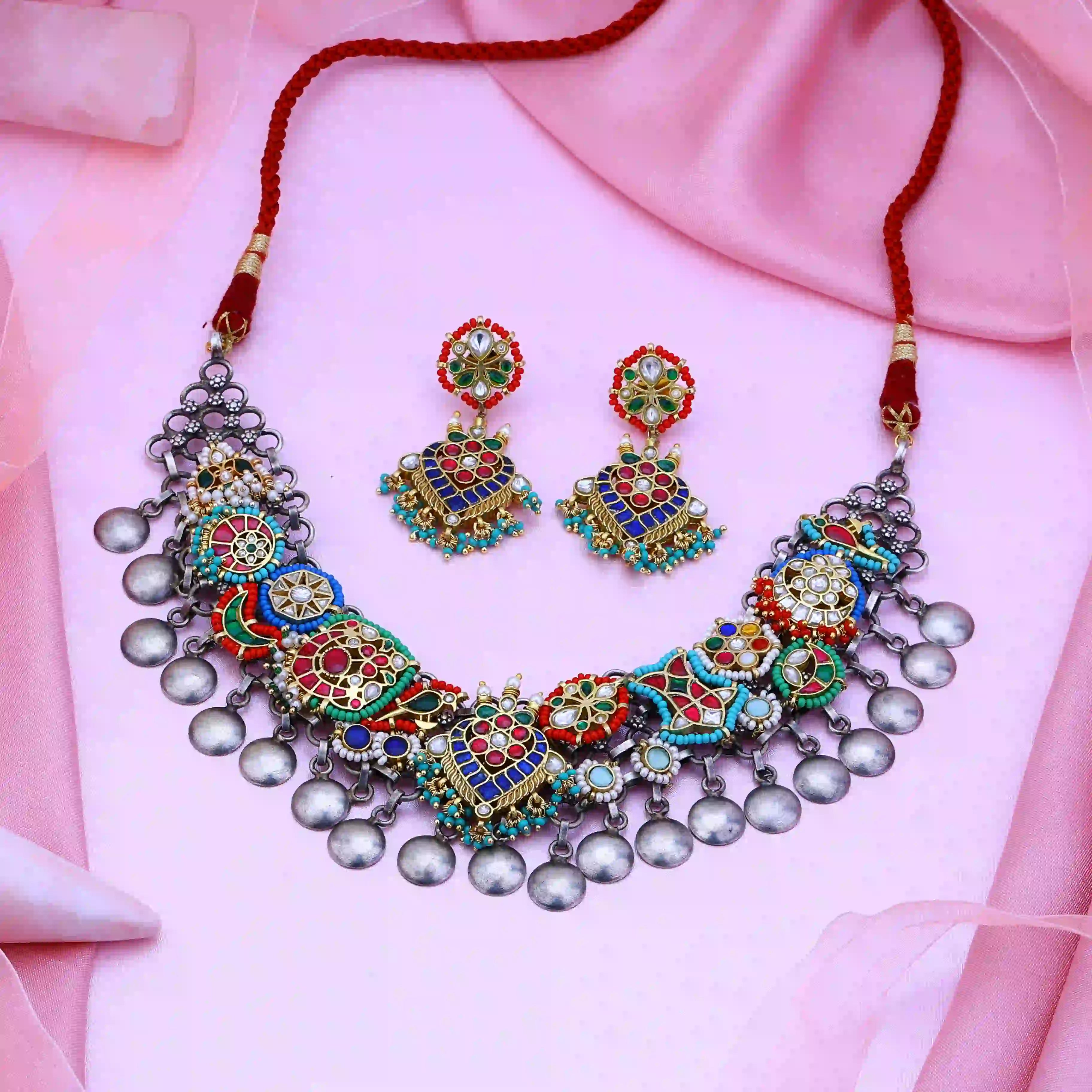 Multicolor Jadau Kundan Necklace Set – PJNS041