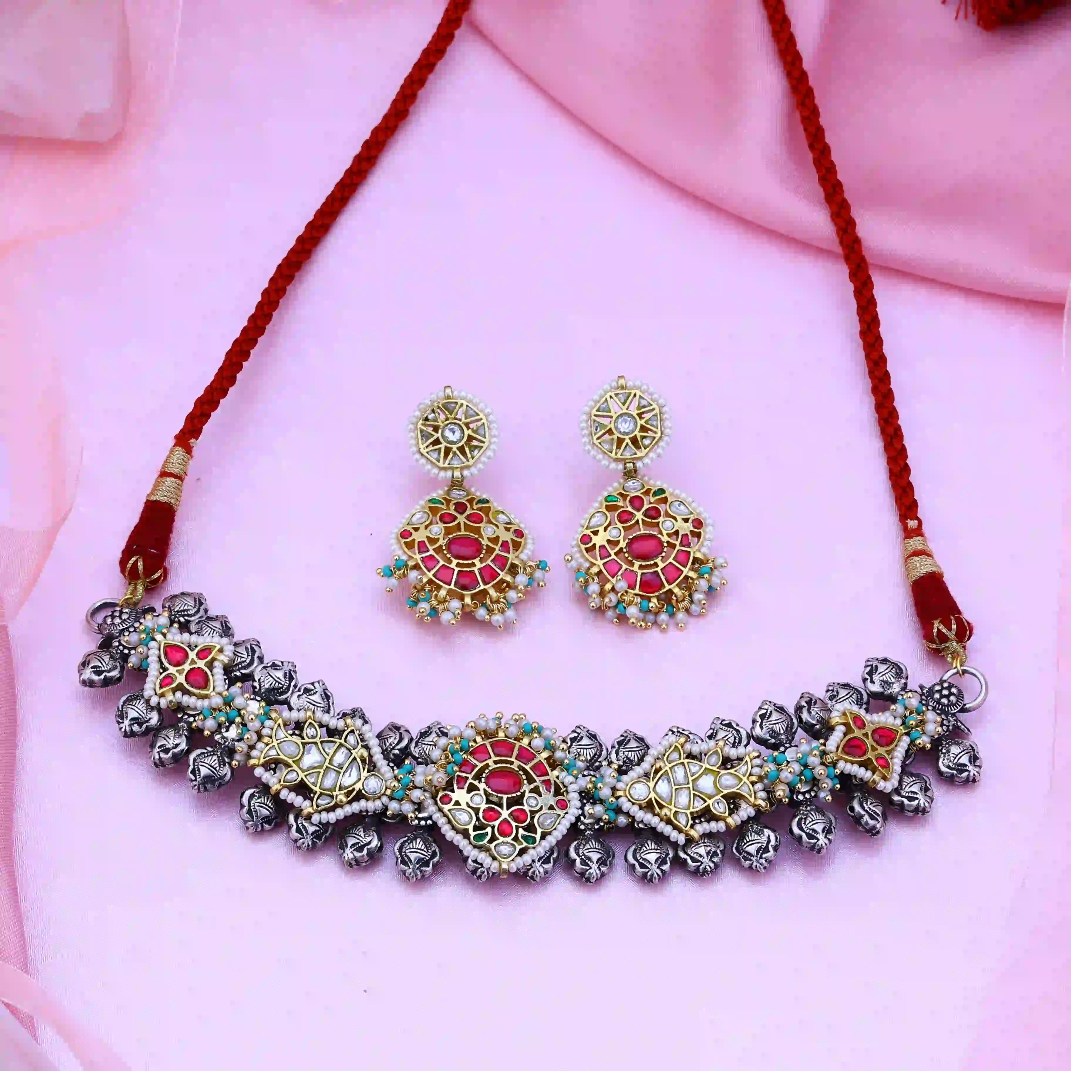 Multicolor Jadau Kundan Necklace Set – PJNS043