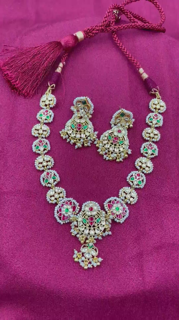 MultiColor Gold Plated  Jadau Kundan Necklace Set - PJNS105