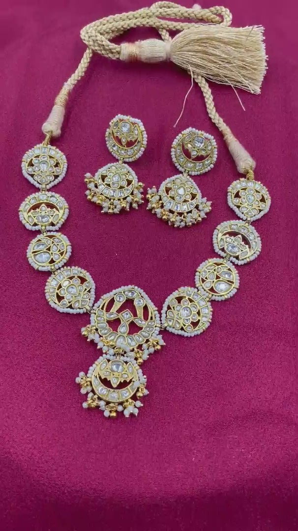 White Color Gold Plated  Jadau Kundan Necklace Set - PJ109