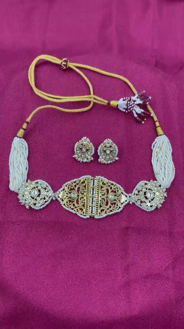 White Color Gold Plated Jadau Kundan Necklace Set - PJNS102