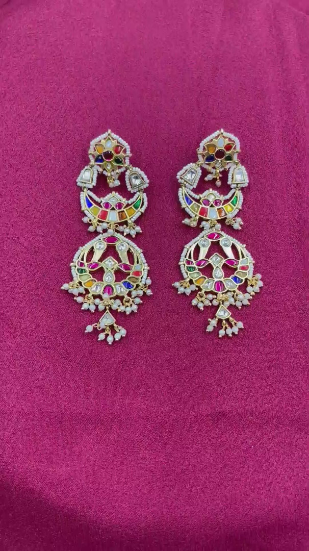 MultiColor Gold Plated Jadau Kundan Earrings  - PJER317