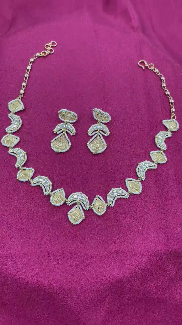 White Color Gold Plated Jadau Kundan Necklace Set - PJNS304