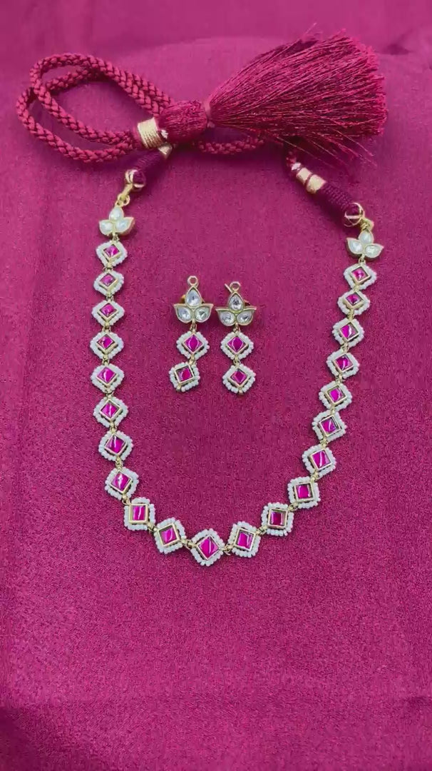 Red Color Gold Plated Jadau Kundan Necklace Set - PJNS302